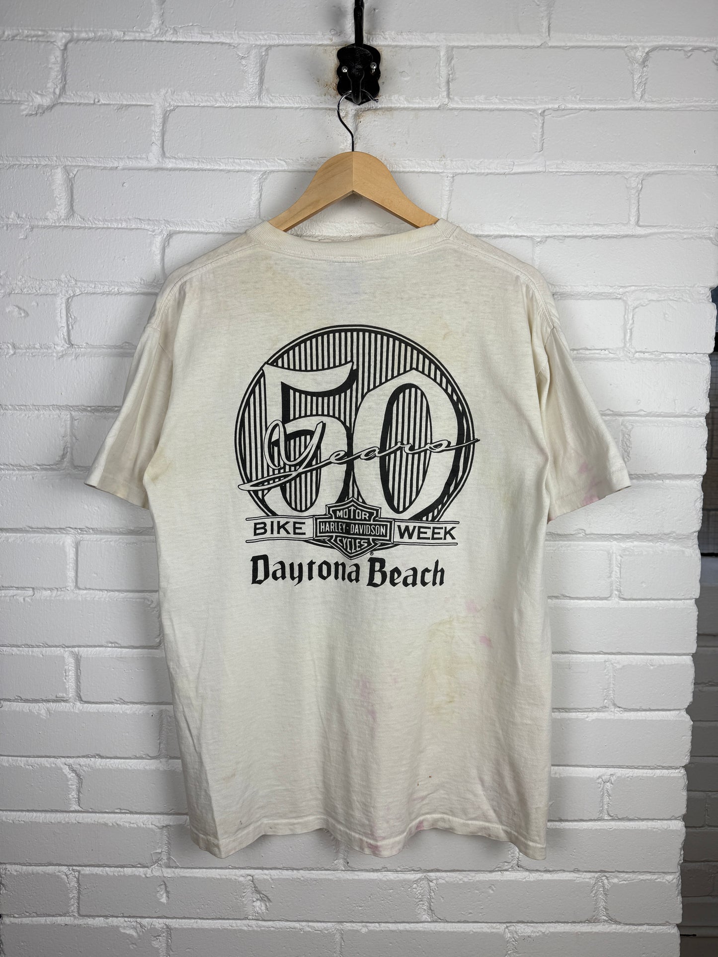 Vintage 1991 Harley Davidson 3D Emblem Dayton Bach Bike Week 50 Years T Shirt Size L 90s