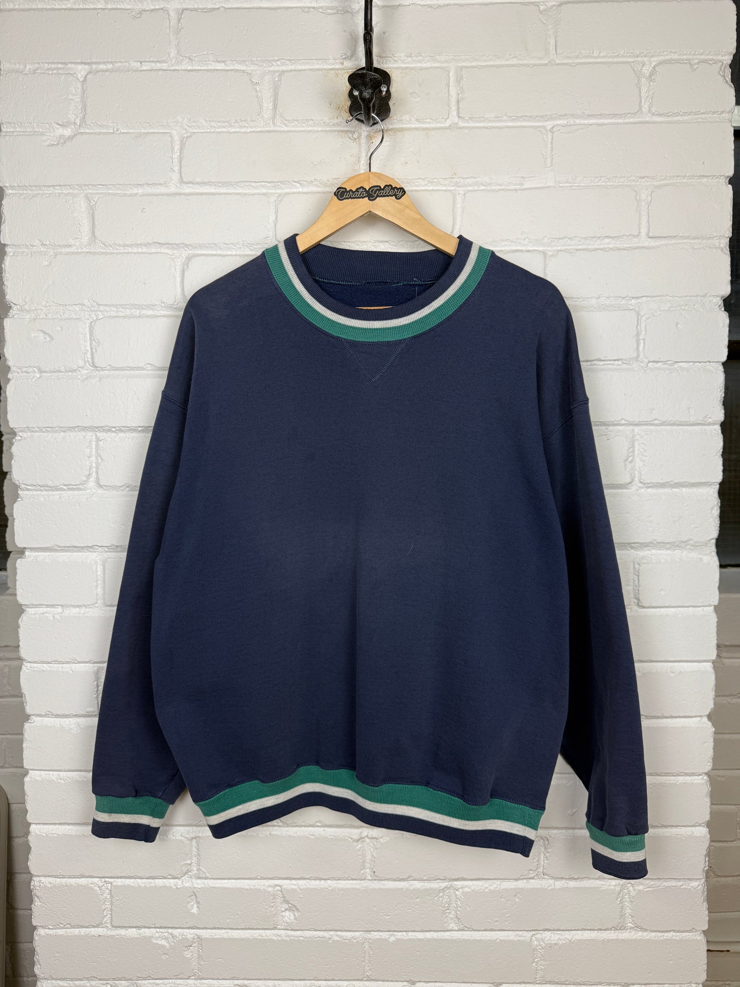 Vintage 90s Blank Striped Cuffs Navy Blue Crewneck Sweatshirt Size XL