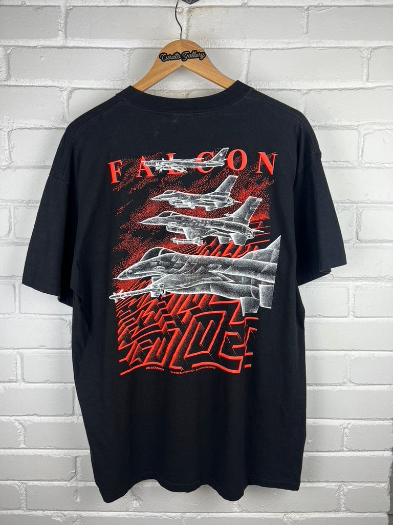 Vintage 1990 F-16 Black Bird Falcon Fighter Jets Front And Back Graphic T Shirt Size XL