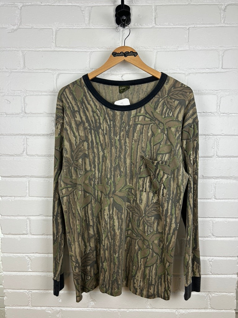 Vintage 80s/90s Spartan Real Tree Camo Hunting Pocket Long Sleeve T Shirt Size XXL
