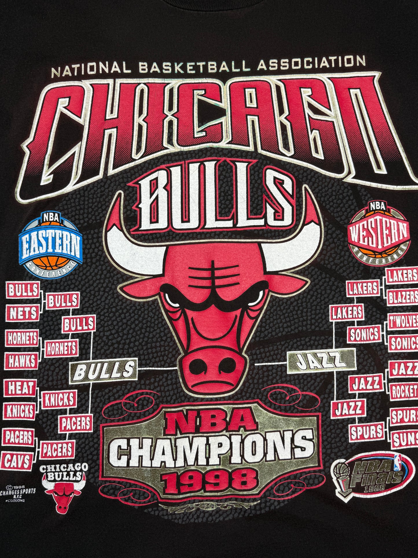 vintage 1998 Chicago Bulls NBA Champs Road To The Finals Stats Front & Back Graphic T Shirt Size L 90s