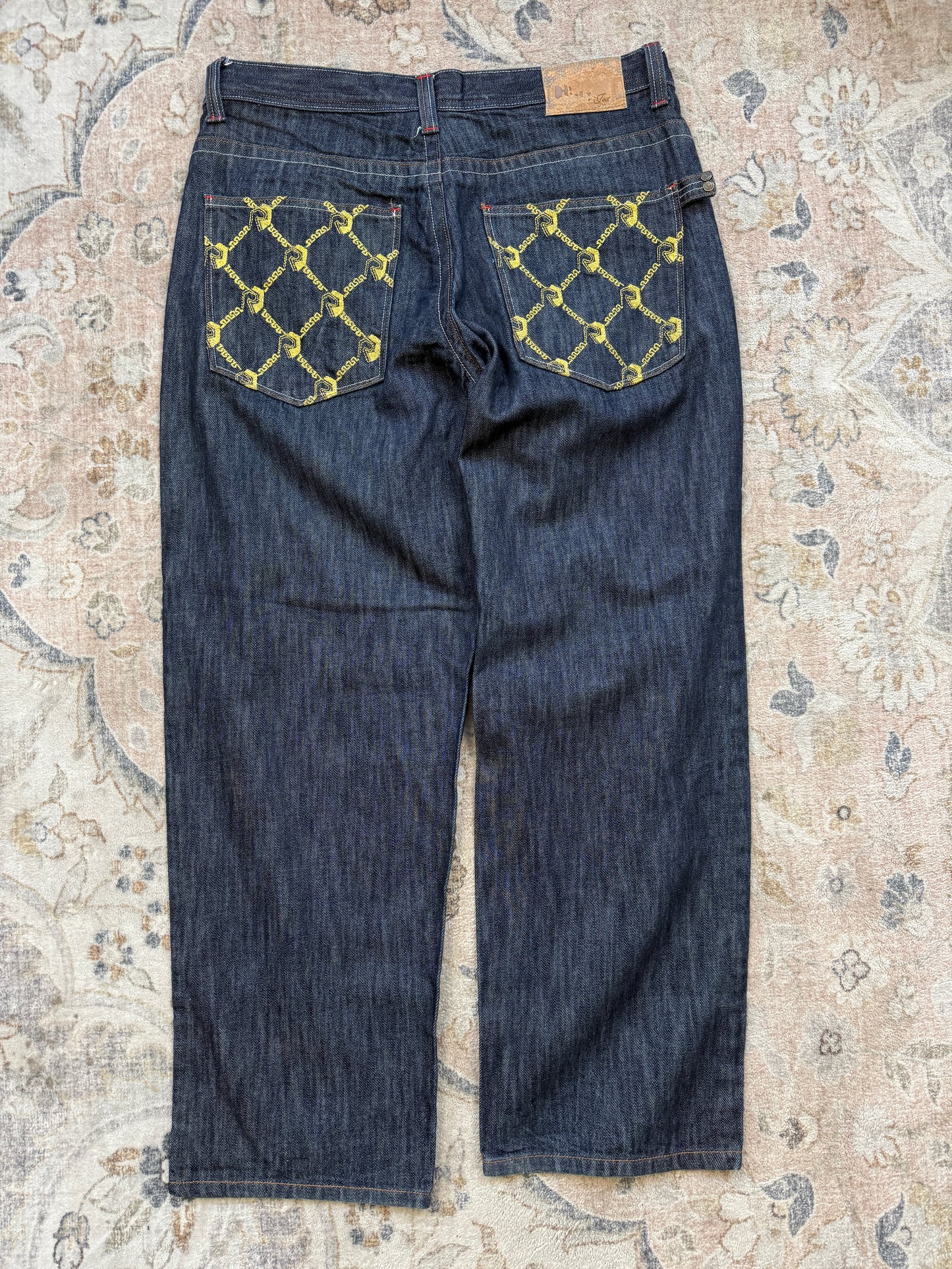 Vintage Y2K Risk Jeans Embroidered Back Pockets Regular Fit Dark Blue Denim Size 37W