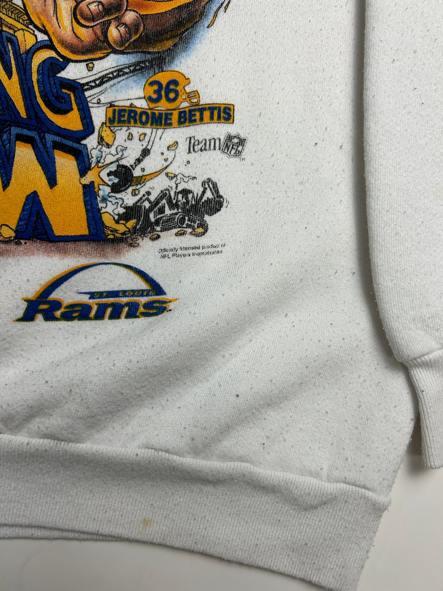 Vintage 1995 St Louis Rams Wrecking Crew Bettis Gilbert Caricature NFL Sweatshirt Size L 90s
