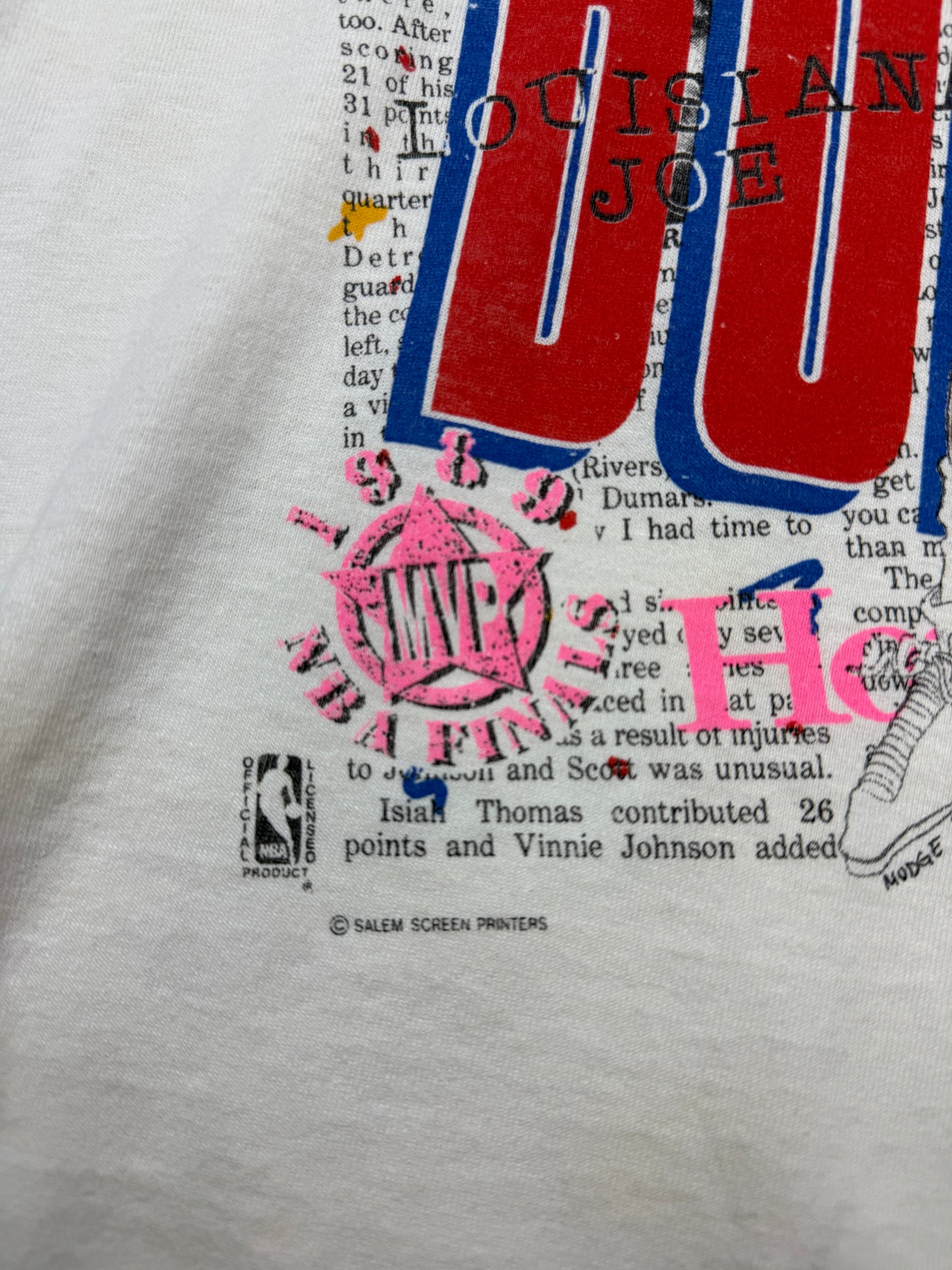 Vintage 1989 Joe Dumars #4 Detroit Pistons NBA Finals MVP Caricature Salem T Shirt Size XS
