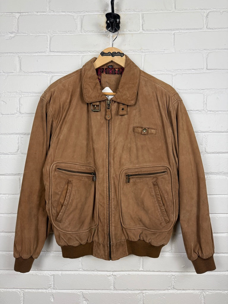 Vintage 90s Mixed Blues Quilted Lined Leather Aviator Bomber Jacket M Brown