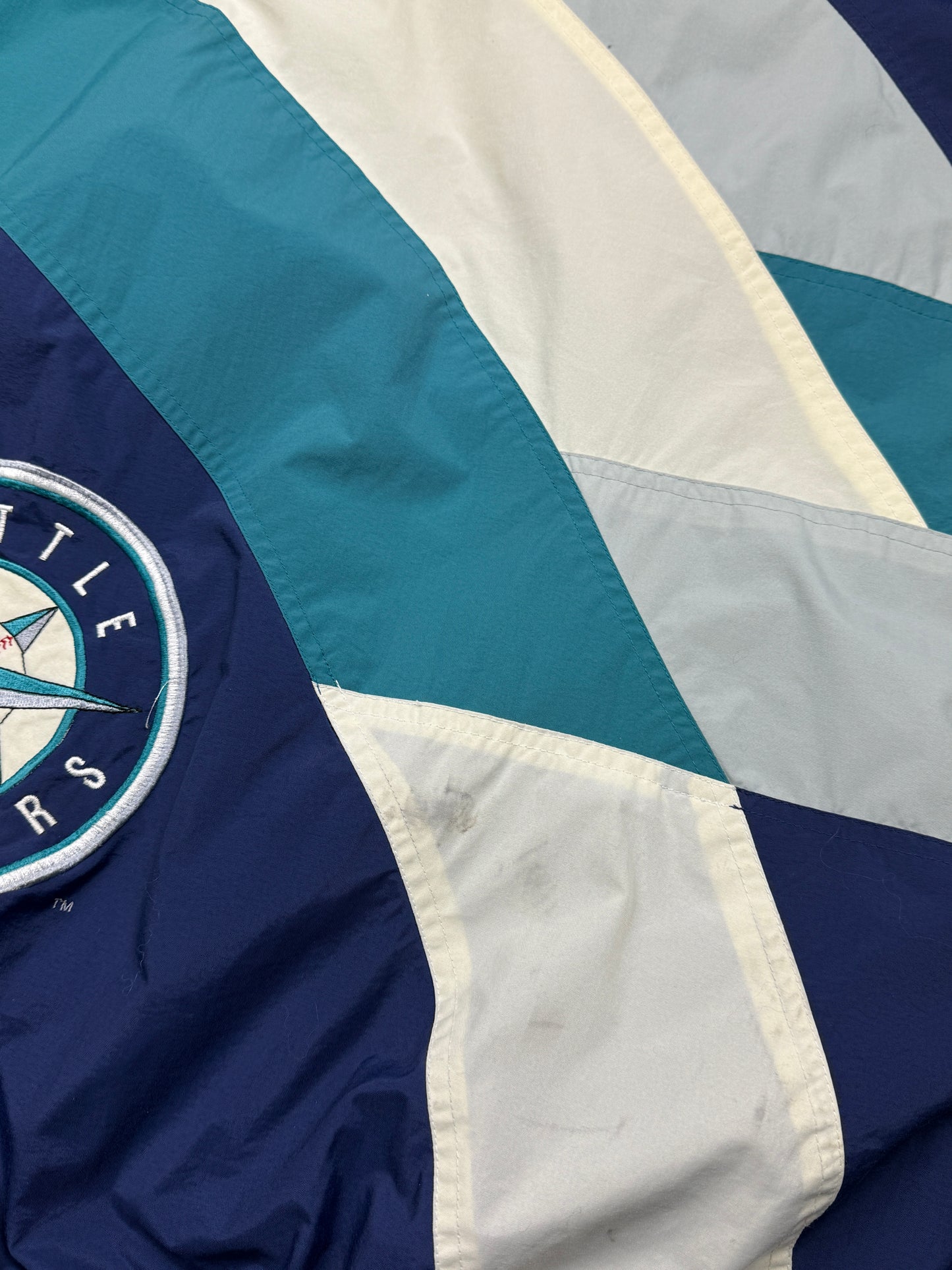 Vintage 90s Seattle Mariners MLB Baseball Embroidered Arc Spell Out Logo DeLong Windbreaker Jacket Size XL