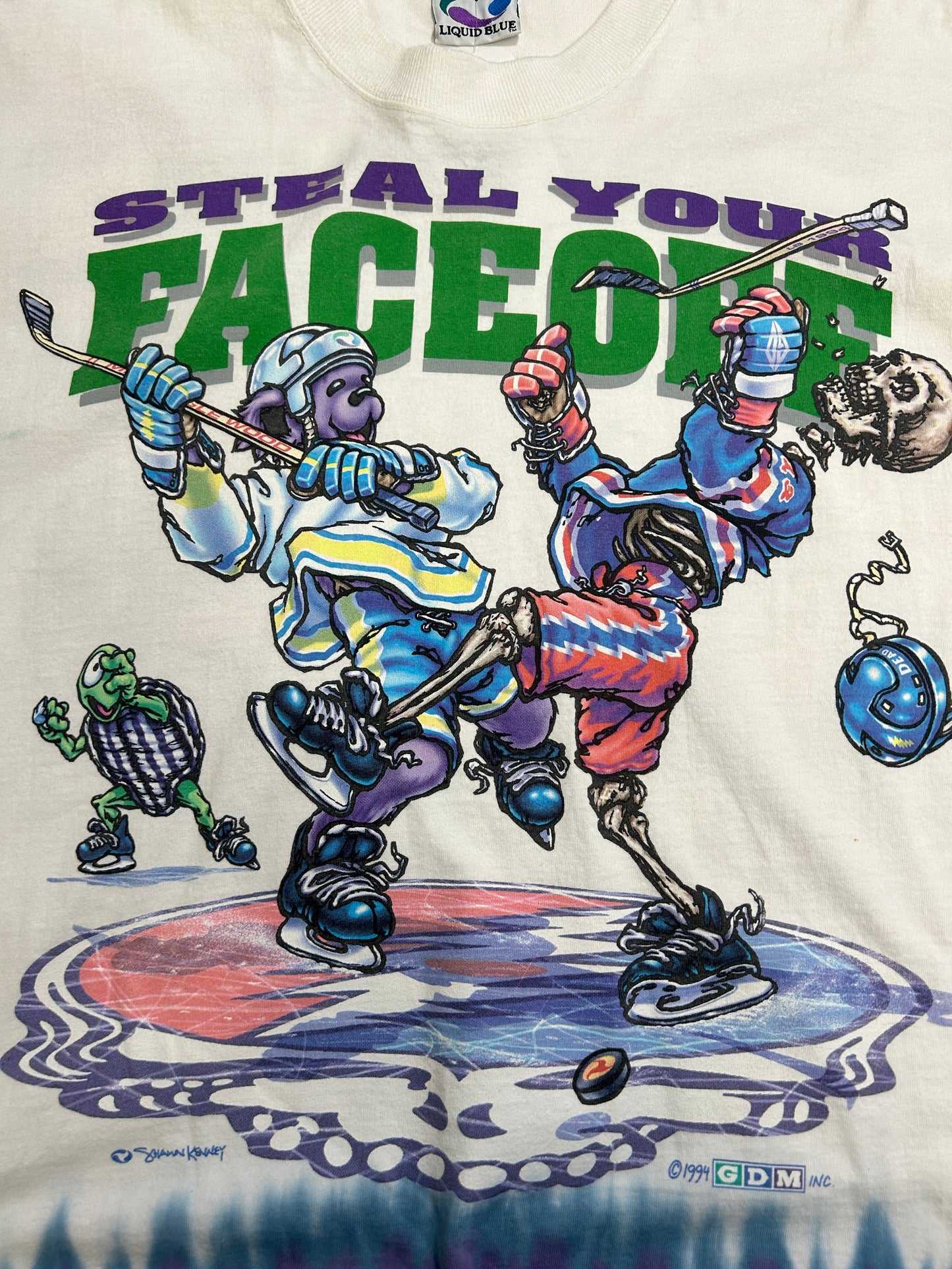 Vintage 1994 Grateful Dead Steal Your Face Off Liquid Blue Hockey Tie-Dye T-Shirt Size L 90s
