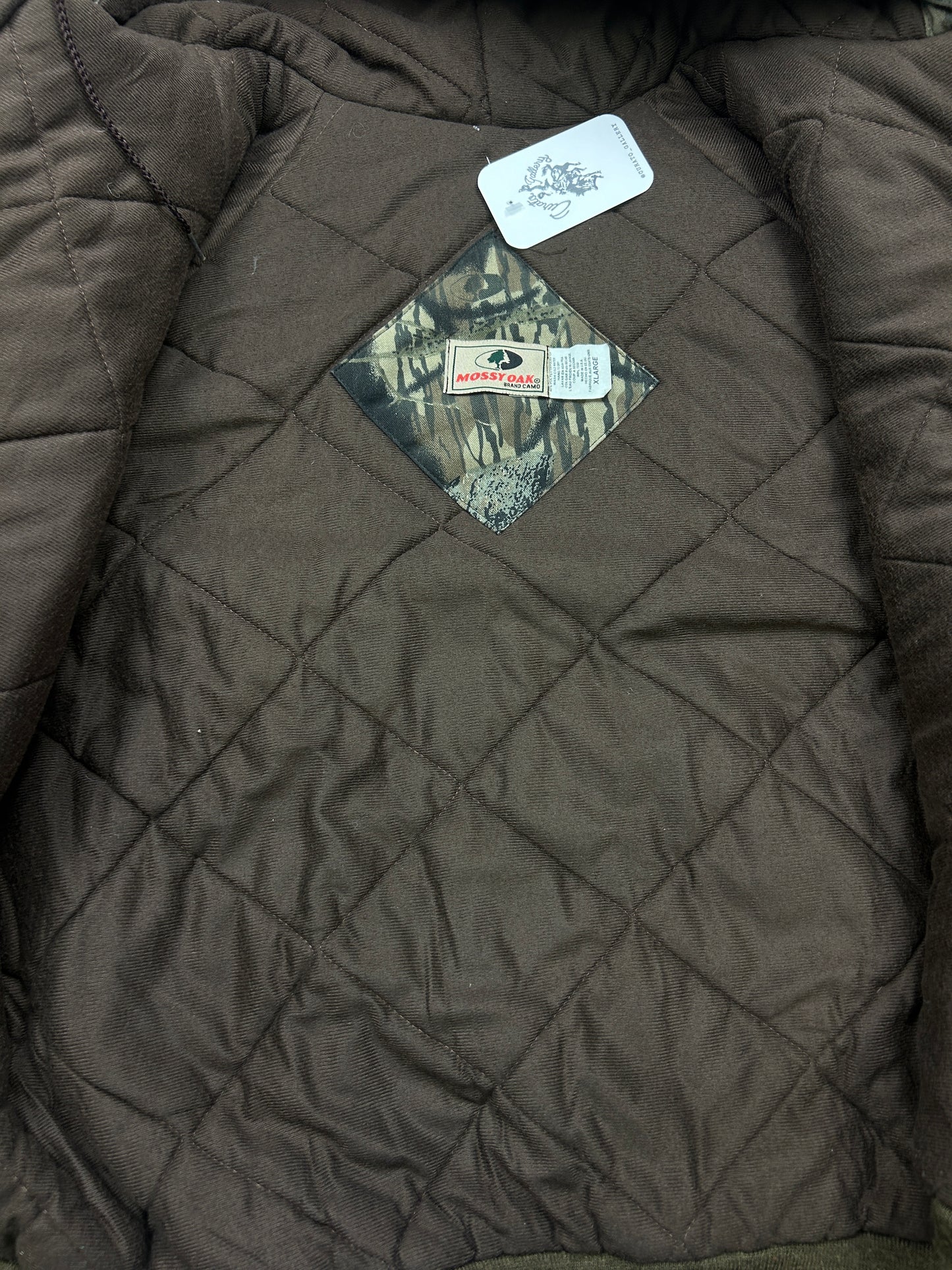 Vintage 90s Mossy Oak Break Up Camo Quilted Lined Insulated Hooded Bomber Jacket Size XL