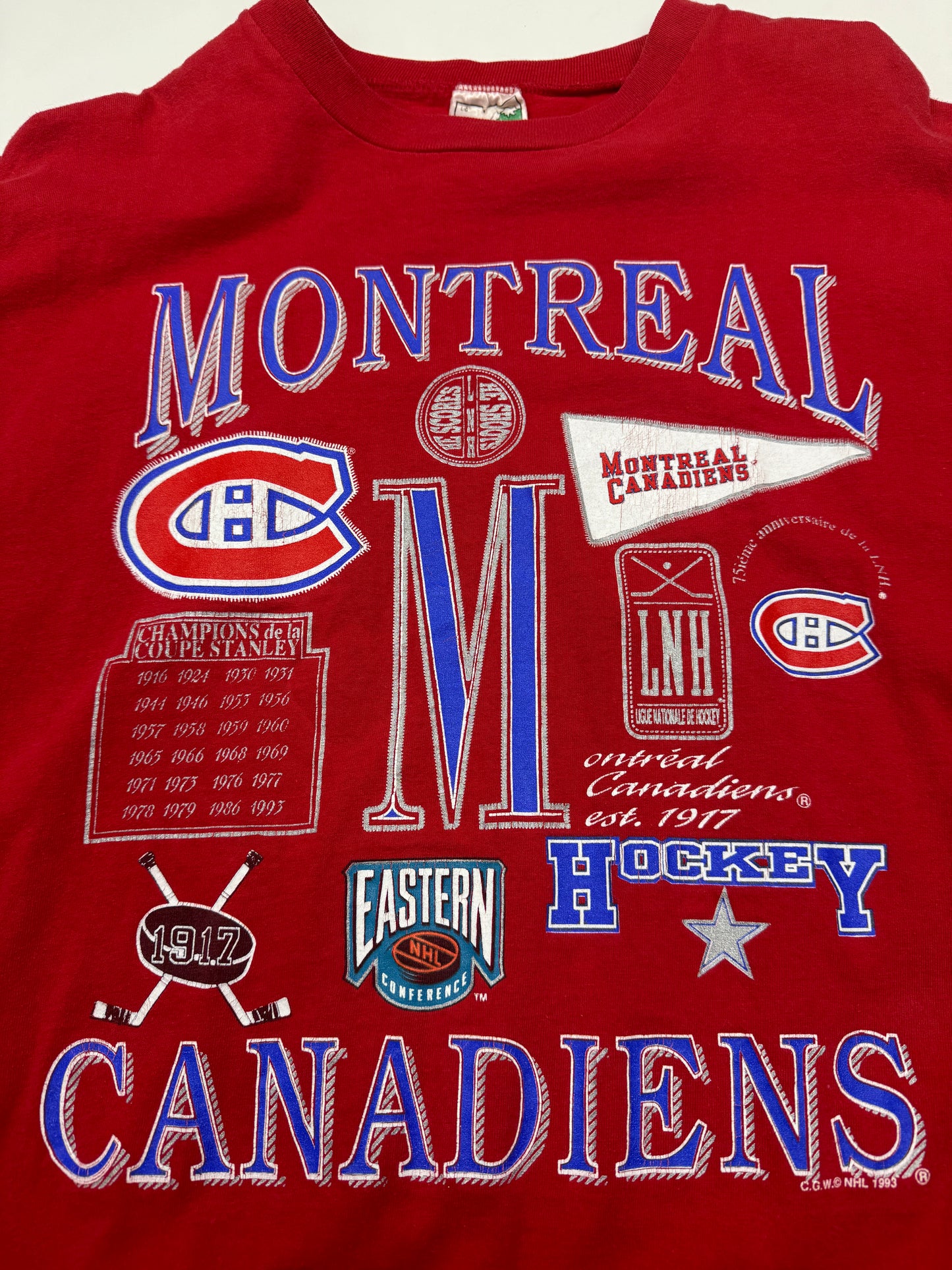 Vintage 1993 Montreal Canadians NHL Hockey Eastern Conference Graphic T Shirt Size L