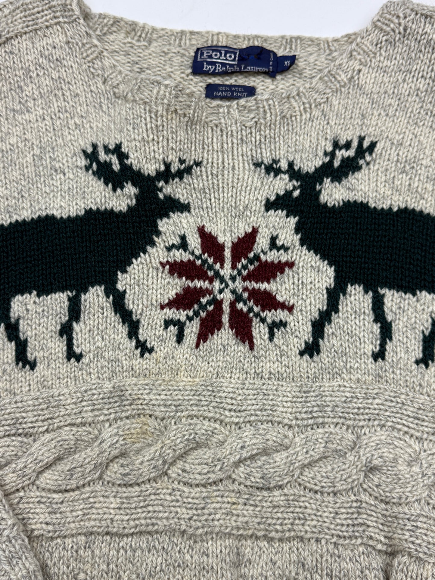 Vintage 90s Polo Ralph Lauren Reindeer Snowflake Wool Hand Knit Cable Sweater Size XL