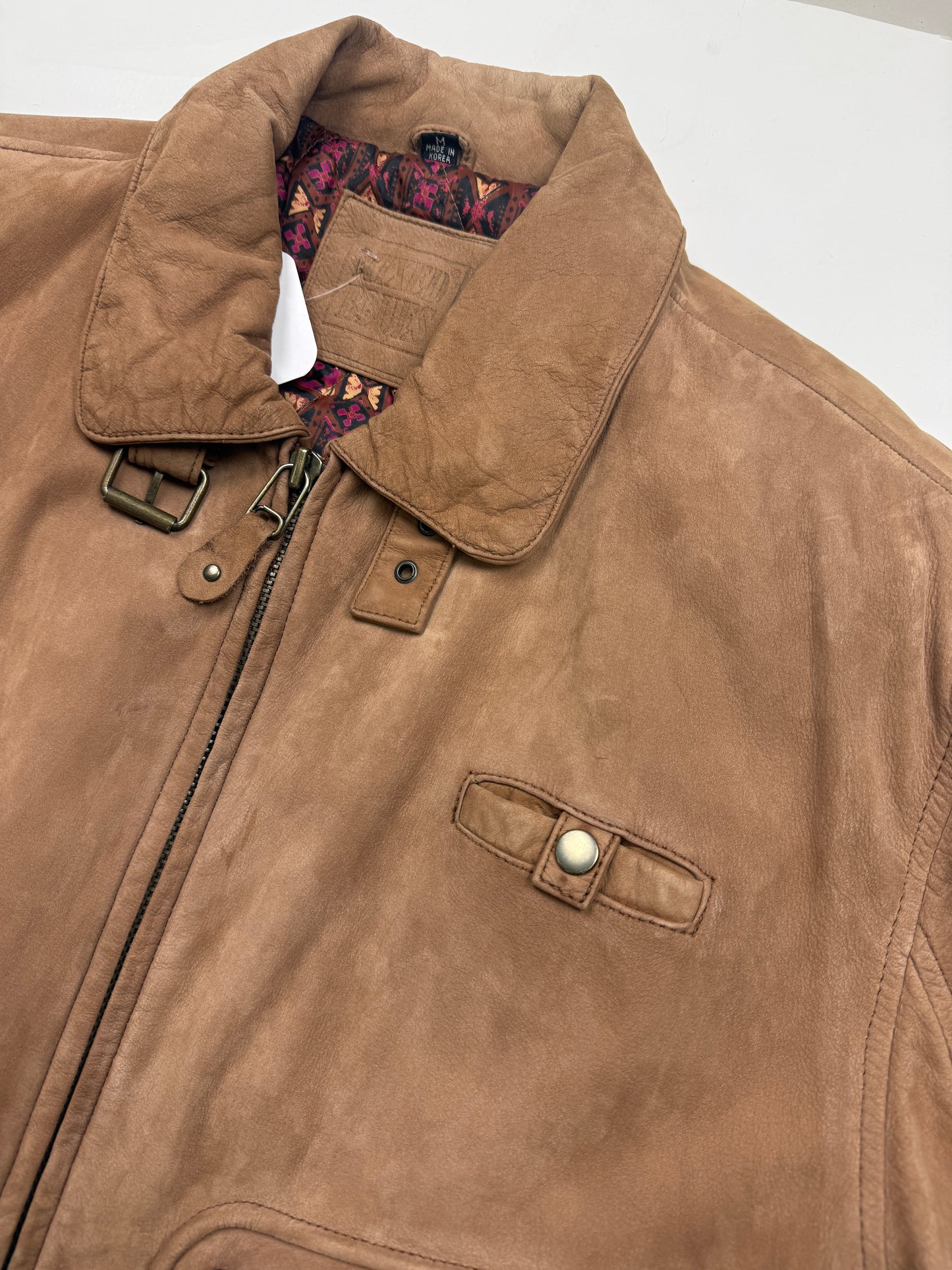 Vintage 90s Mixed Blues Quilted Lined Leather Aviator Bomber Jacket M Brown