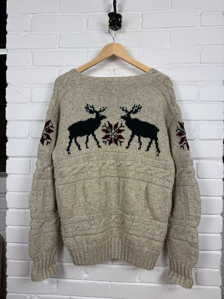 Vintage 90s Polo Ralph Lauren Reindeer Snowflake Wool Hand Knit Cable Sweater Size XL