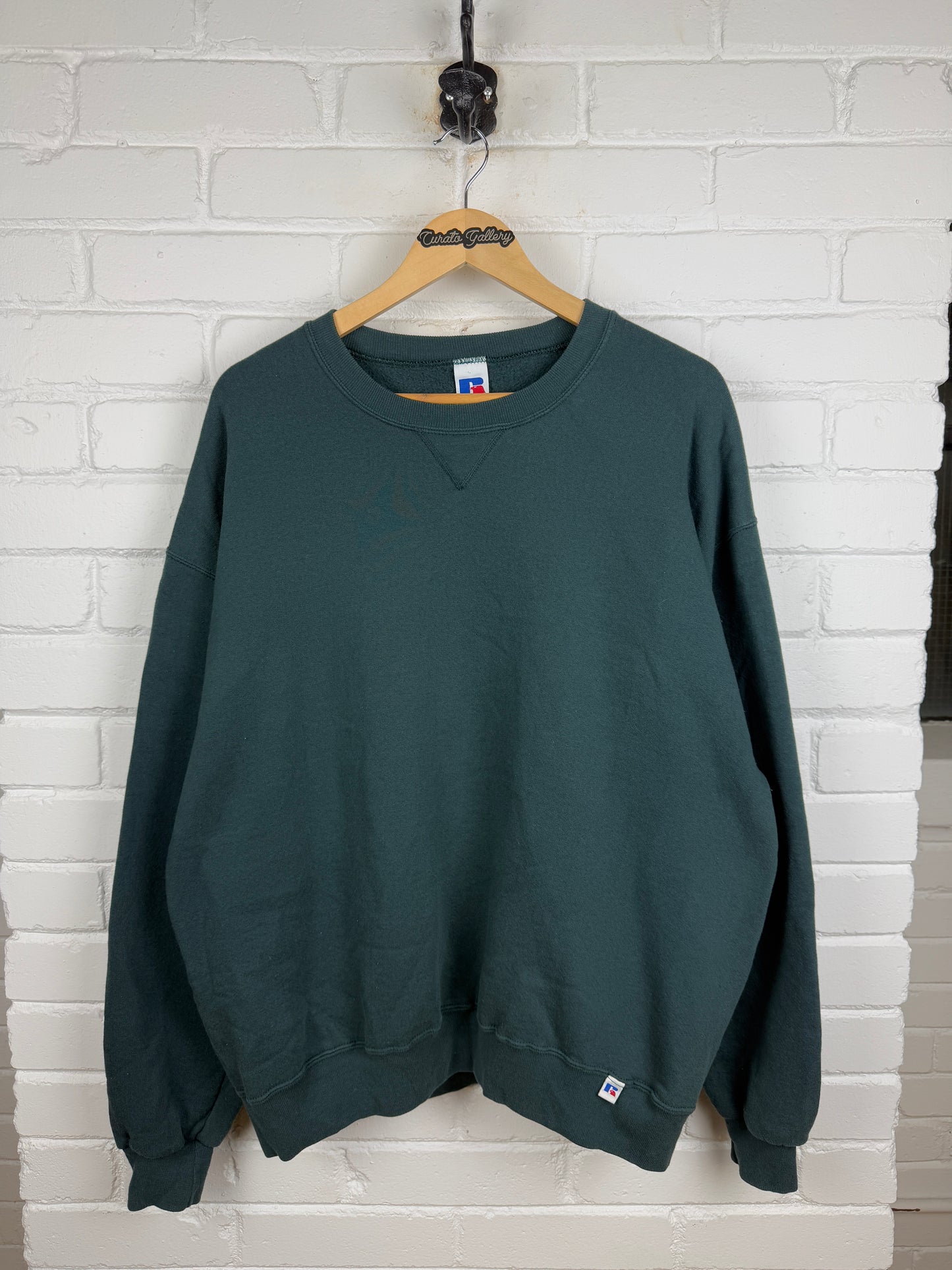 Vintage Russell Athletic Cropped Boxy Fit Blank Crewneck Sweatshirt Size XL Dark Blue Green