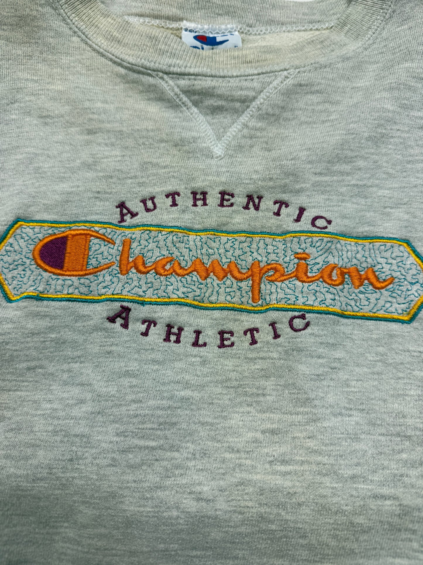 Vintage 90s Champion Embroidered Spell Out Crewneck Sweatshirt Size XL Heather Gray