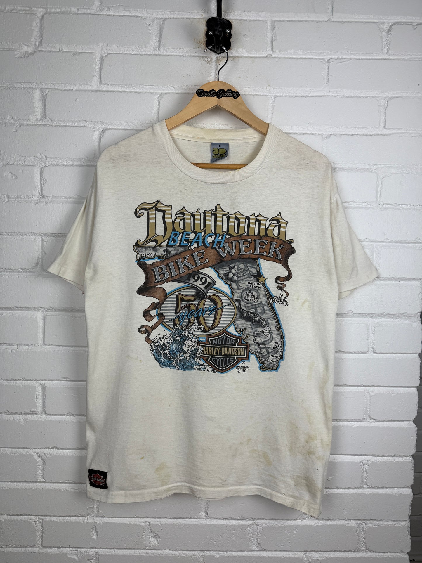 Vintage 1991 Harley Davidson 3D Emblem Dayton Bach Bike Week 50 Years T Shirt Size L 90s