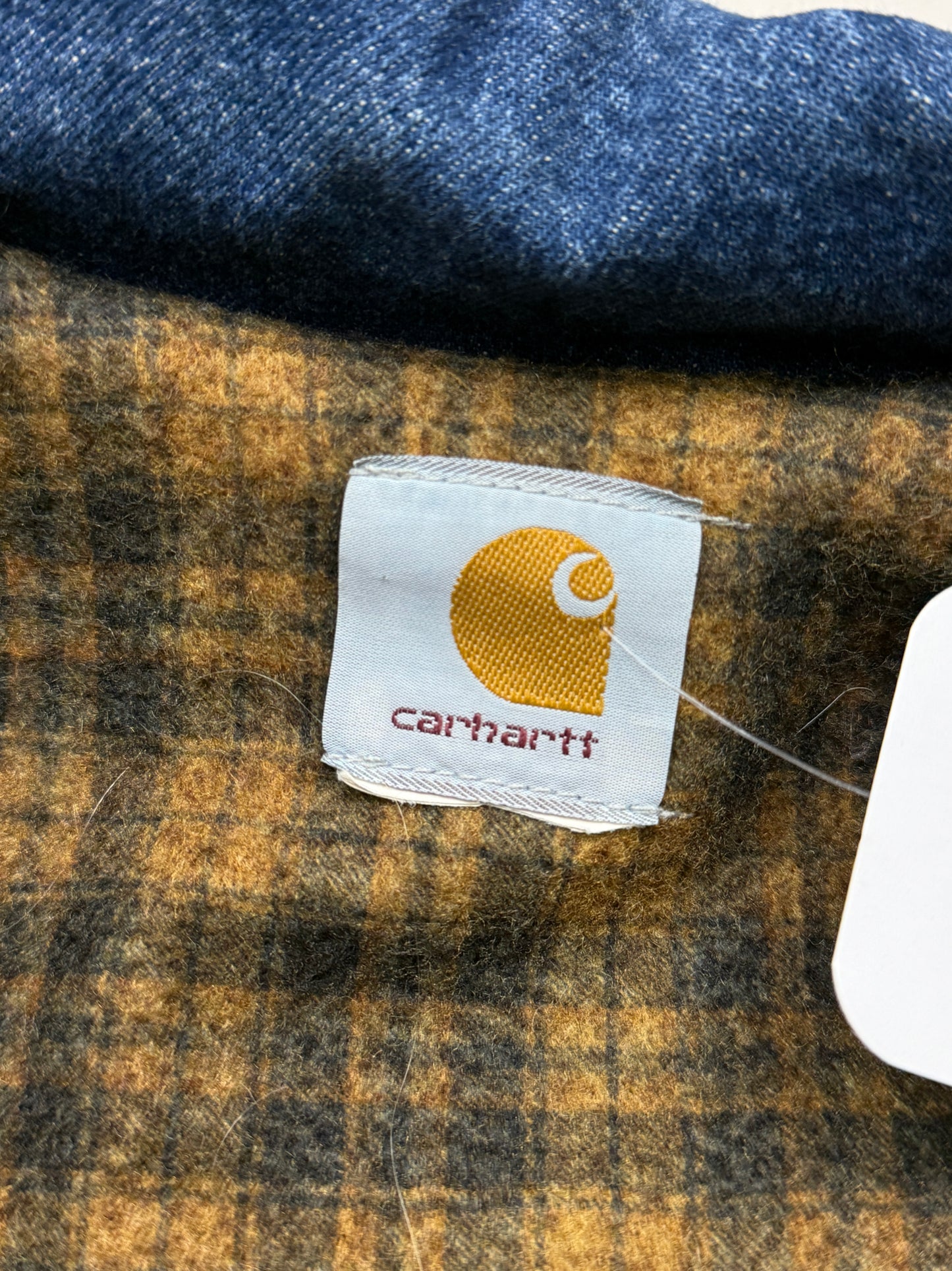 Vintage 90s Carhartt Plaid Blanket Lined Denim Trucker Jacket Size XXL