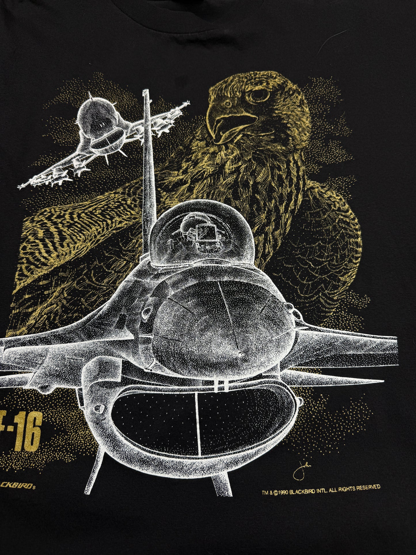 Vintage 1990 F-16 Black Bird Falcon Fighter Jets Front And Back Graphic T Shirt Size XL