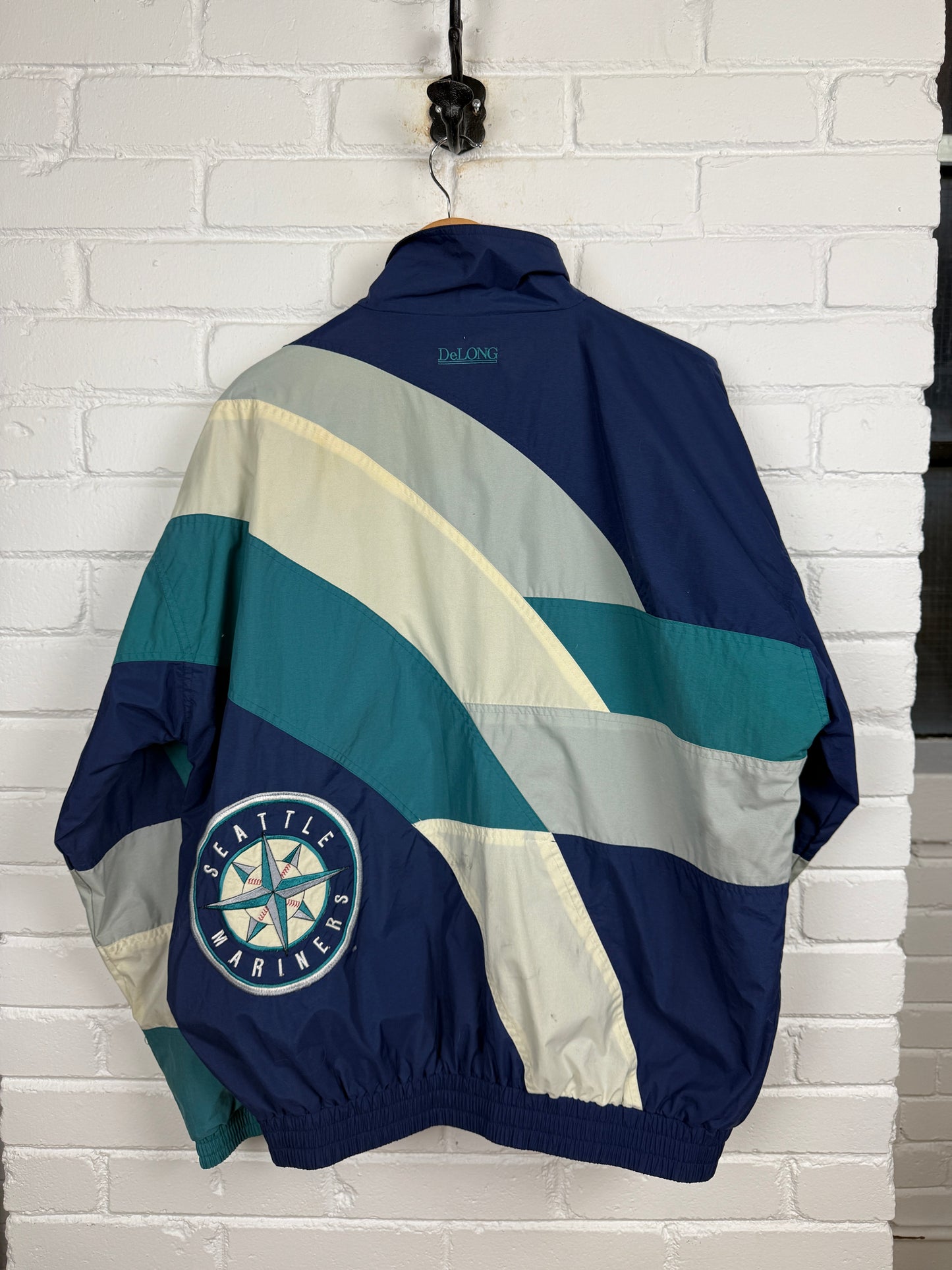 Vintage 90s Seattle Mariners MLB Baseball Embroidered Arc Spell Out Logo DeLong Windbreaker Jacket Size XL