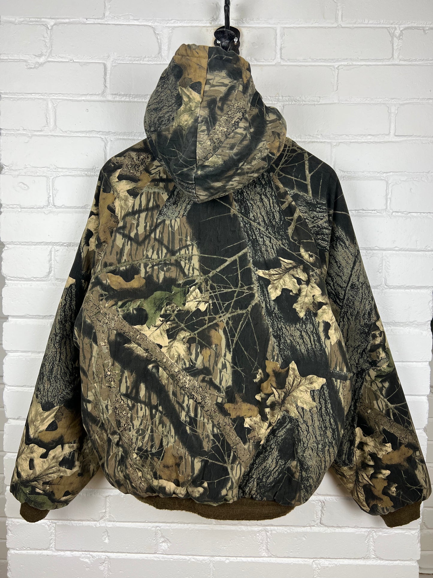 Vintage 90s Mossy Oak Break Up Camo Quilted Lined Insulated Hooded Bomber Jacket Size XL
