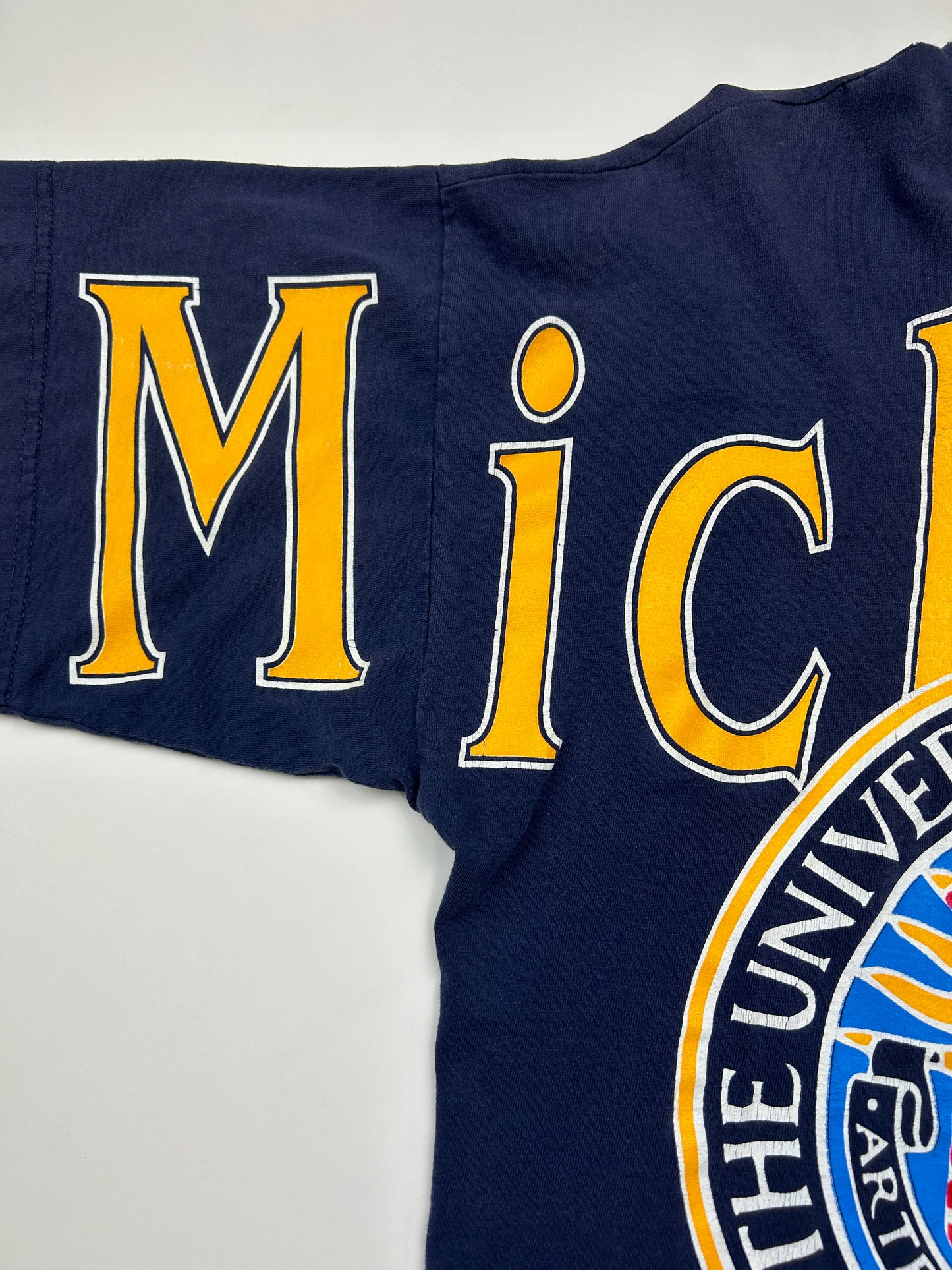 Vintage 90s Michigan Wolverines Arm Spell Out Big Graphic Crest T Shirt Size L
