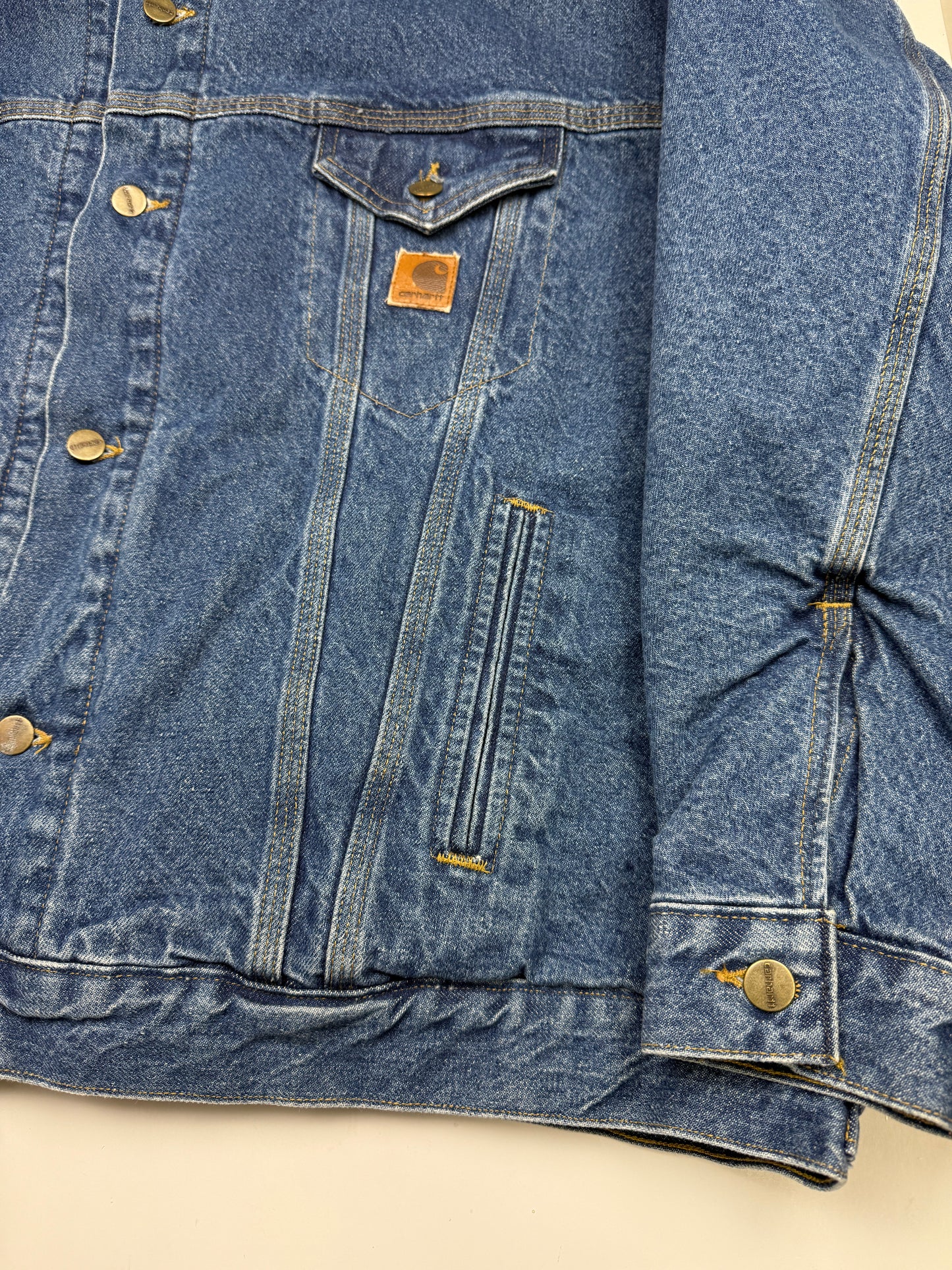 Vintage 90s Carhartt Plaid Blanket Lined Denim Trucker Jacket Size XXL