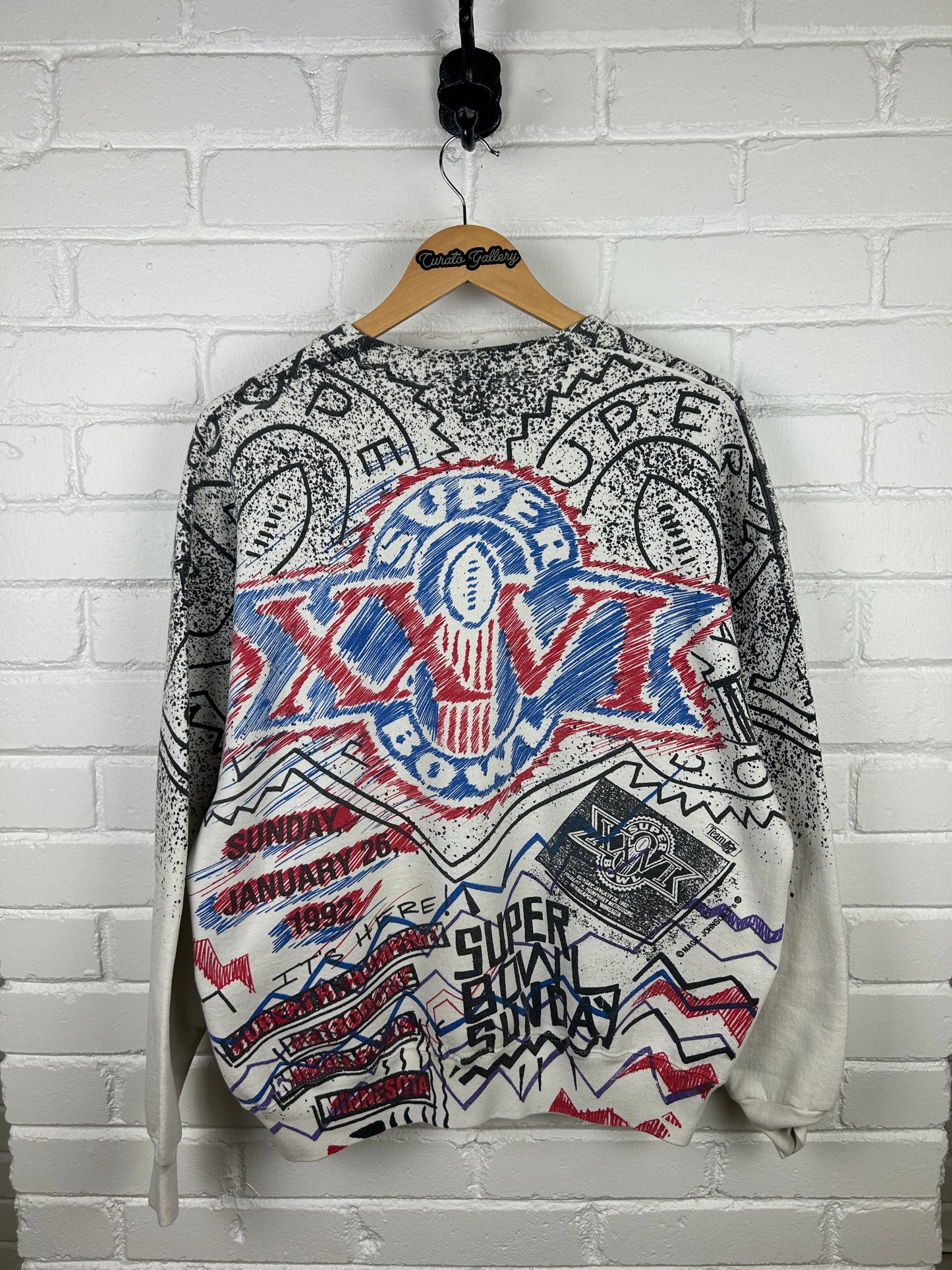 Vintage 1992 Super Bowl XXVI All Over Print NFL Football Sweatshirt Size L 90s