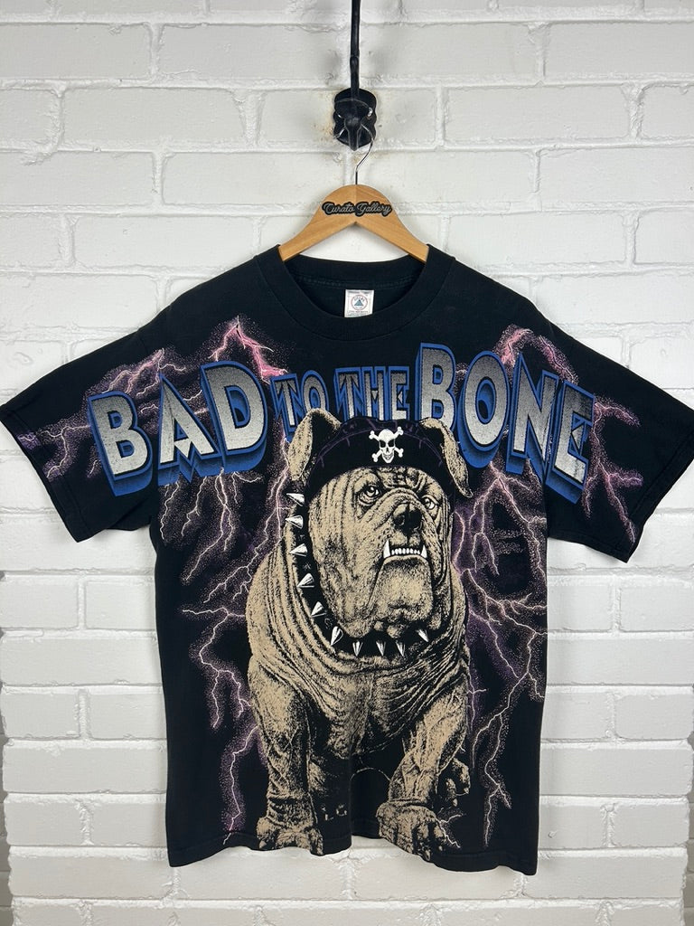 Vintage 90s Bad To The Bone bulldog Lighting All Over Print AOP T Shirt Size L