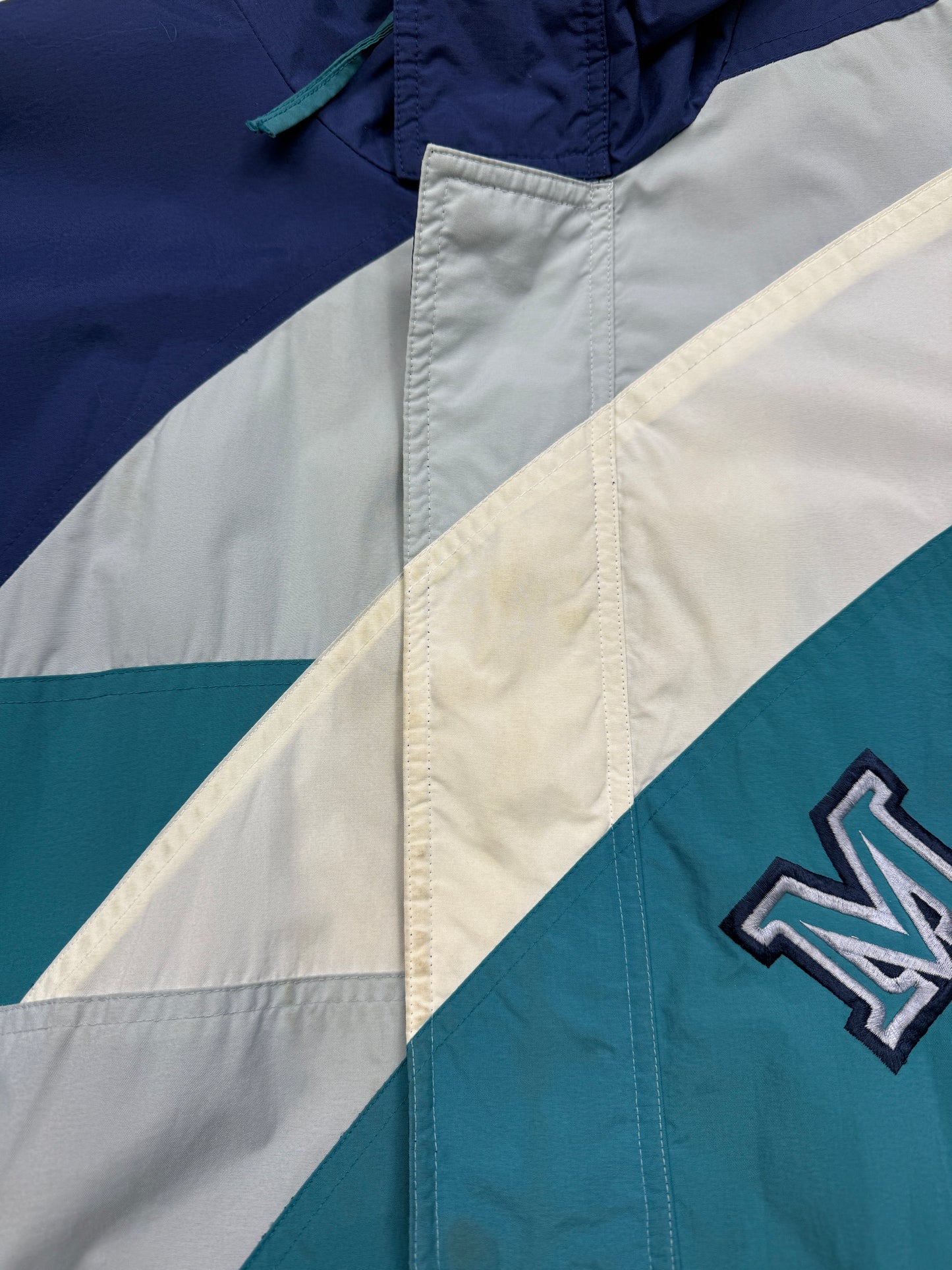 Vintage 90s Seattle Mariners MLB Baseball Embroidered Arc Spell Out Logo DeLong Windbreaker Jacket Size XL