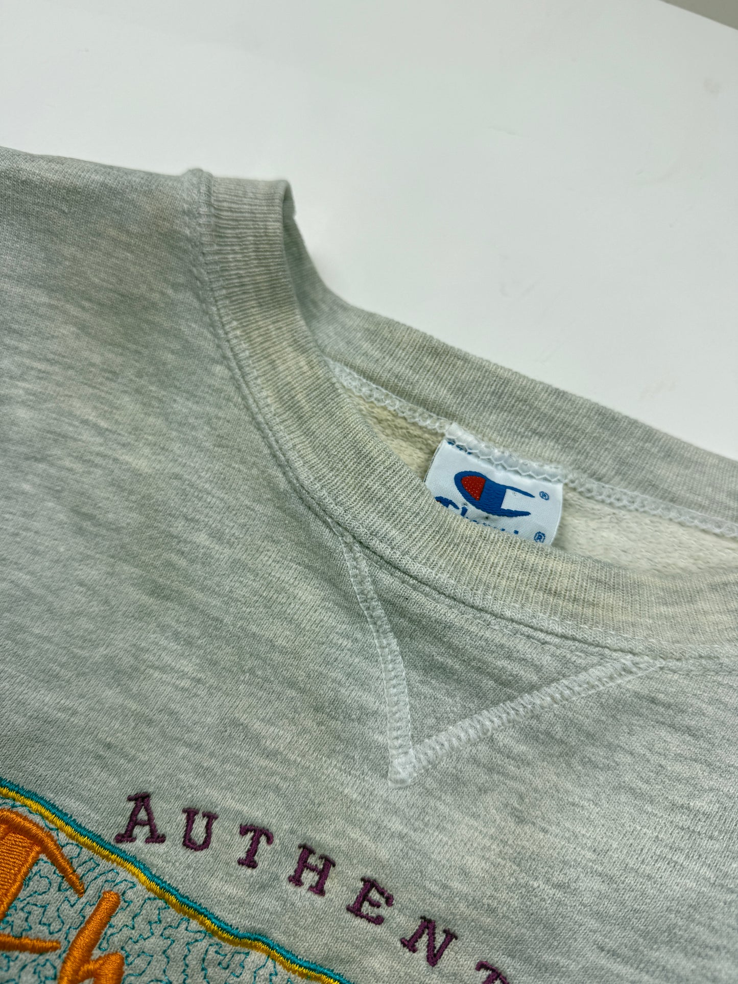 Vintage 90s Champion Embroidered Spell Out Crewneck Sweatshirt Size XL Heather Gray