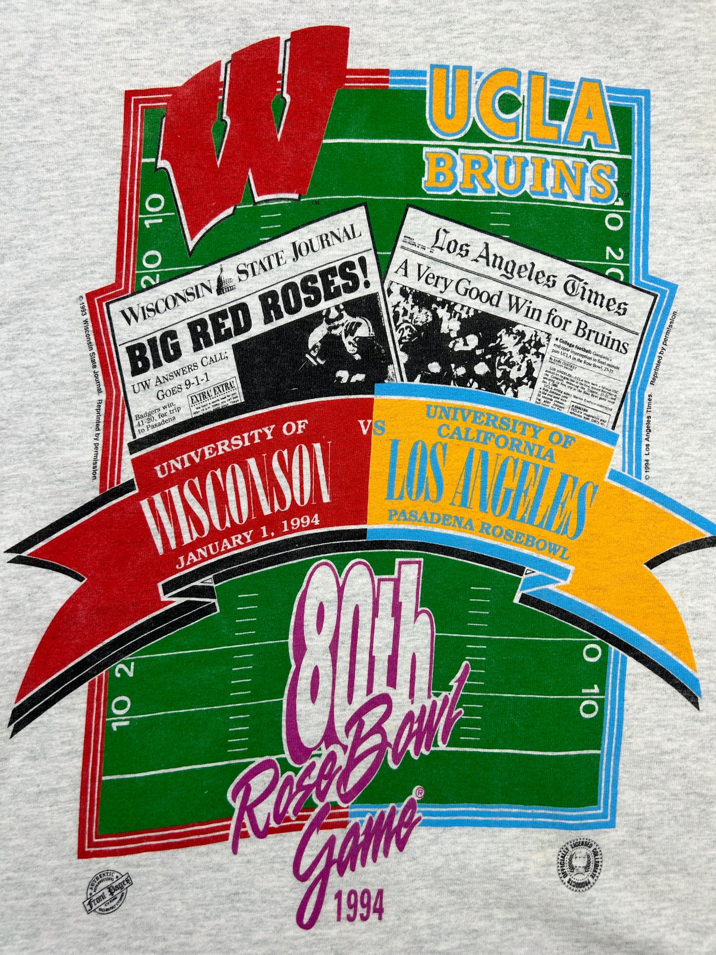 Vintage 1994 80th Rose Bowl Game Wisconsin Vs UCLA Football T Shirt Size XL 90s