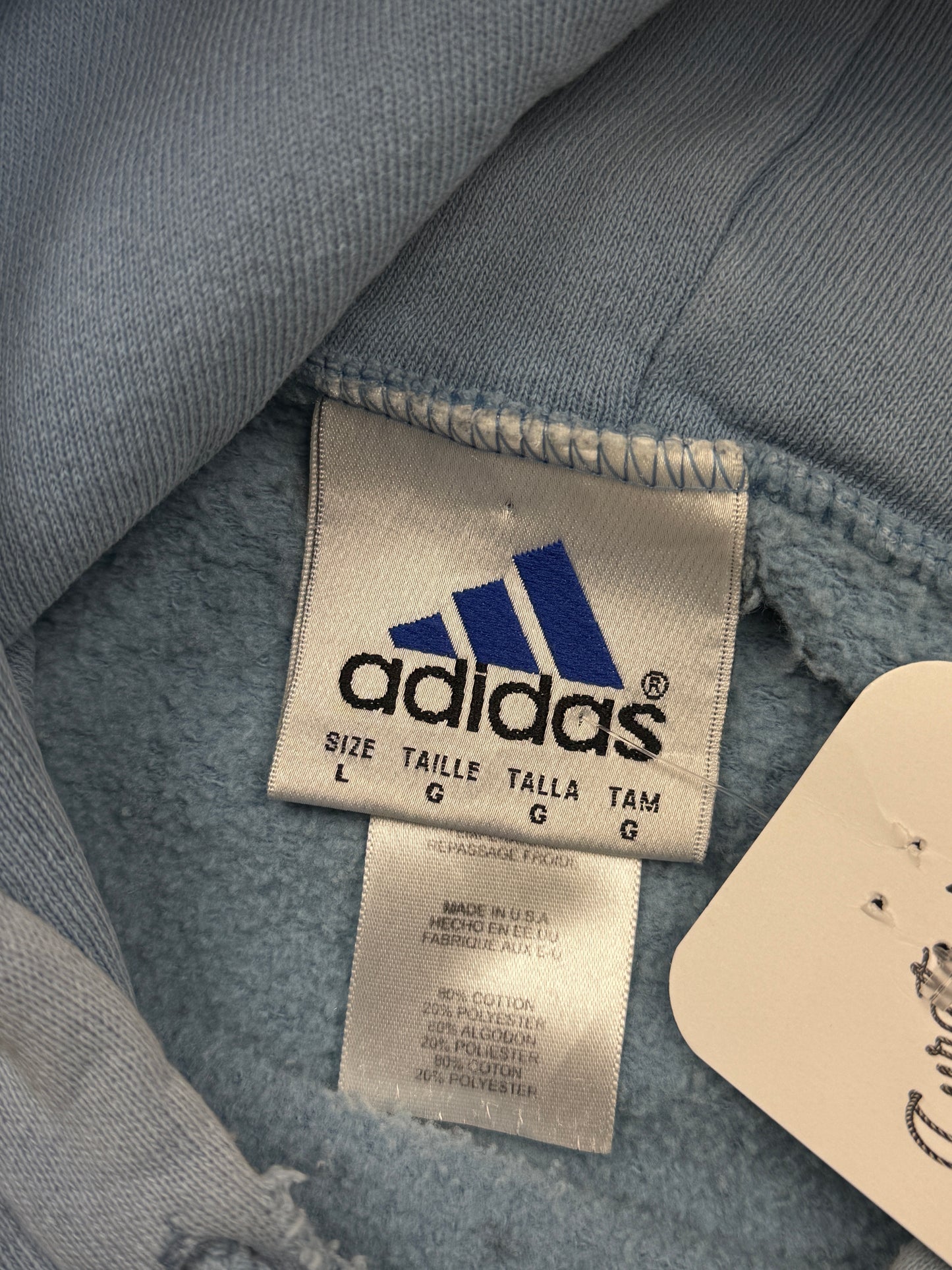 Vintage 90s Adidas Embroidered Logo Cropped Boxy Fit Hooded Sweatshirt Size L Baby Blue
