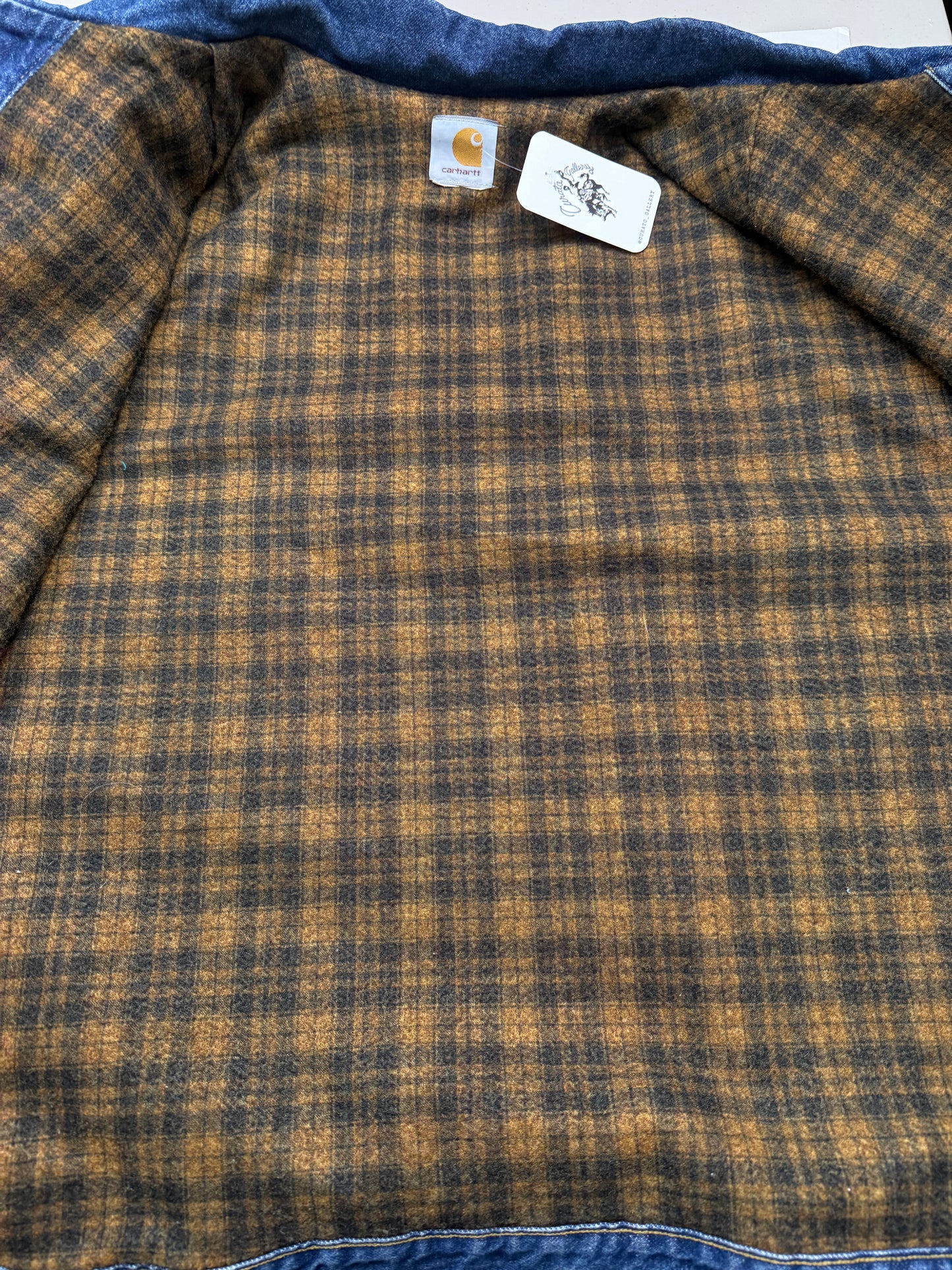 Vintage 90s Carhartt Plaid Blanket Lined Denim Trucker Jacket Size XXL
