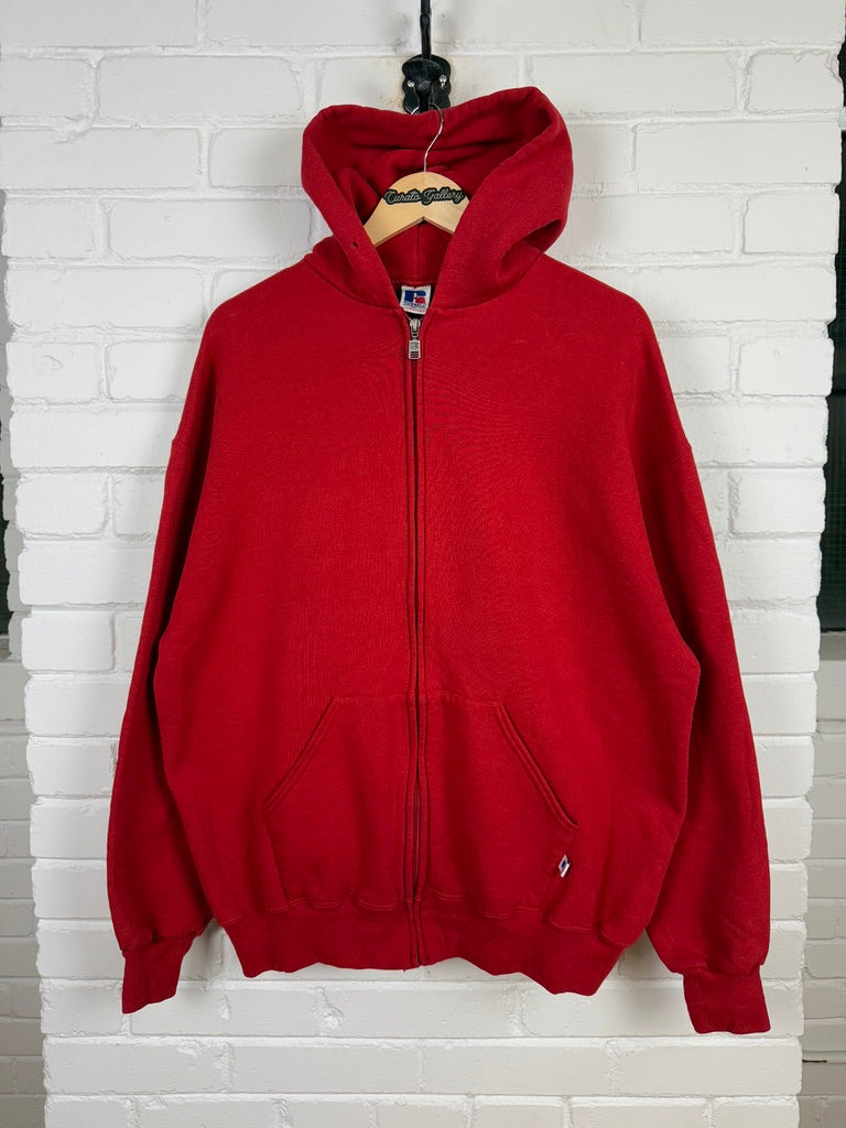Vintage Russell Athletic Cropped Boxy Fit Blank Hooded Sweatshirt Size XL Dark Red