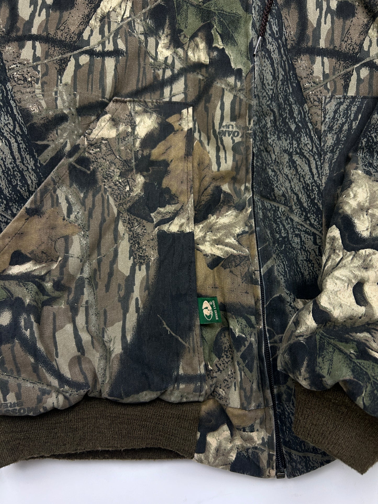 Vintage 90s Mossy Oak Break Up Camo Quilted Lined Insulated Hooded Bomber Jacket Size XL