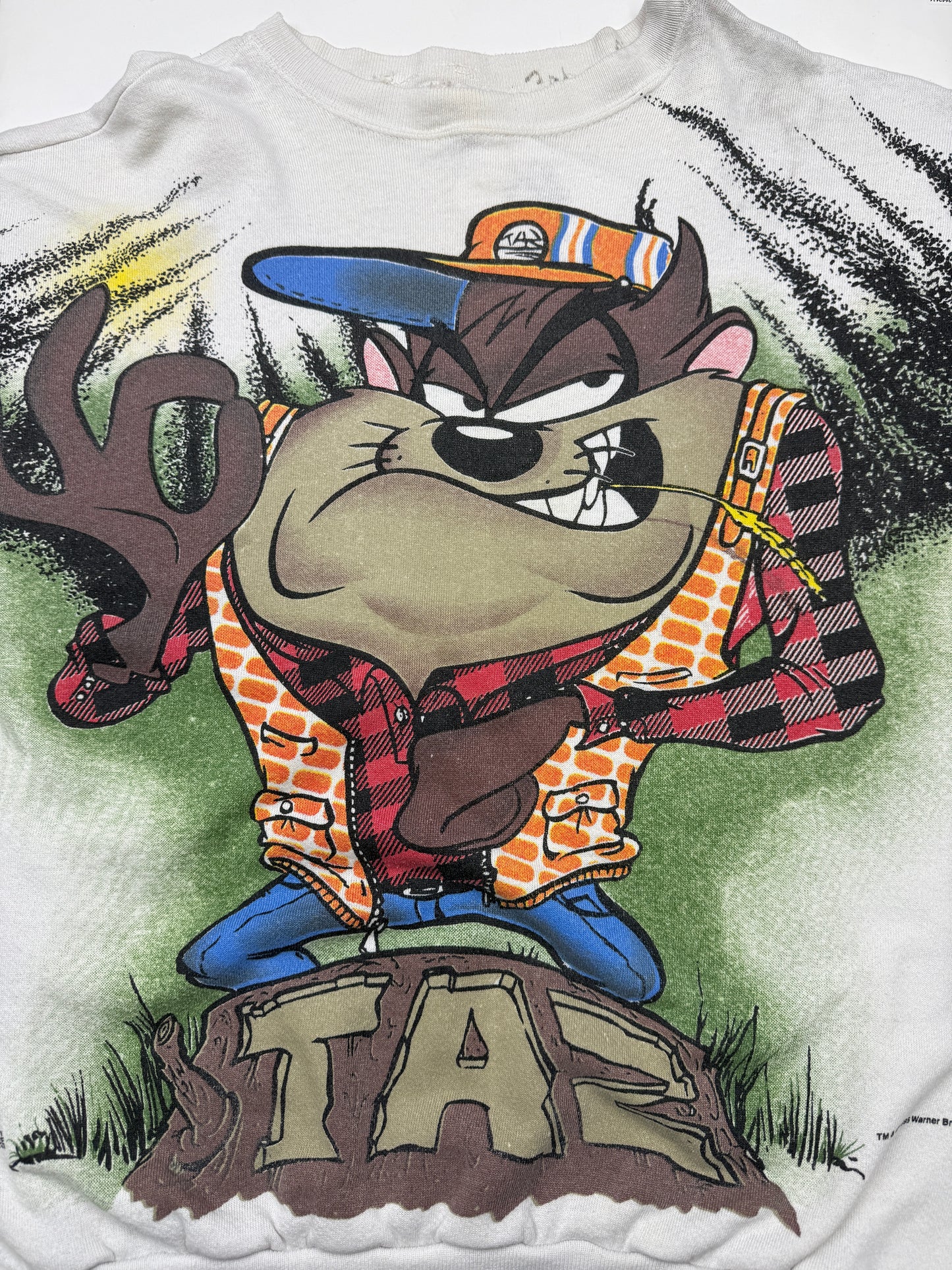 Vintage 1995 Looney Tunes Taz Farmer All Over Cartoon Print Crewneck Sweatshirt Size L 90s
