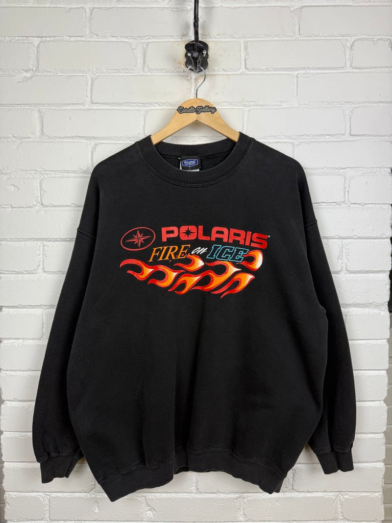 Vintage 90s Polaris Fire On Ice Snowmobile Flames Graphic Crewneck Sweatshirt Size XL