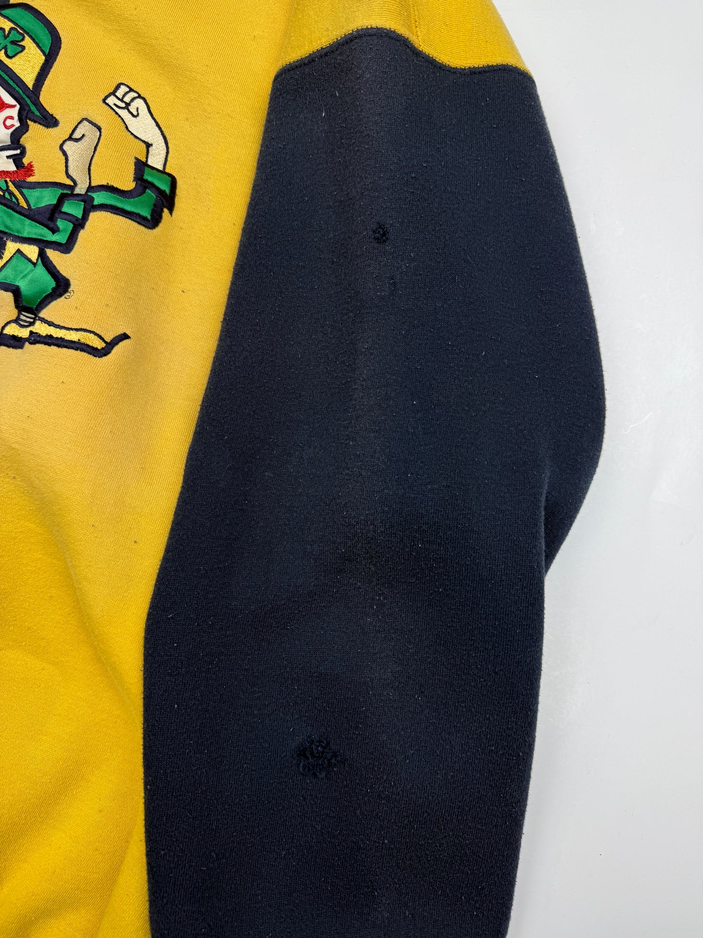 Vintage 90s Notre Dame Fighting Irish Embroidered Logo Split Two Tone Sweatshirt Size XL