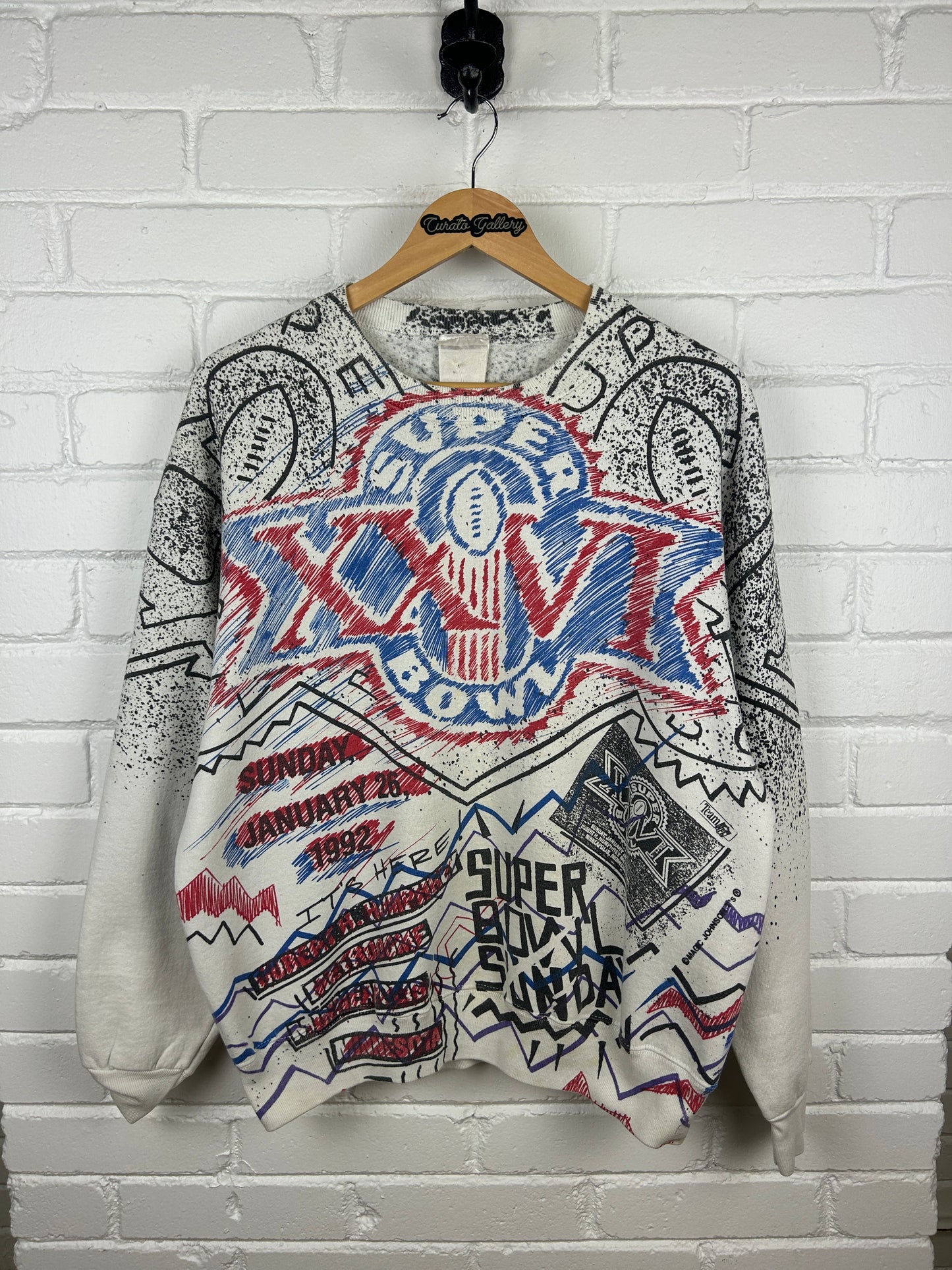 Vintage 1992 Super Bowl XXVI All Over Print NFL Football Sweatshirt Size L 90s