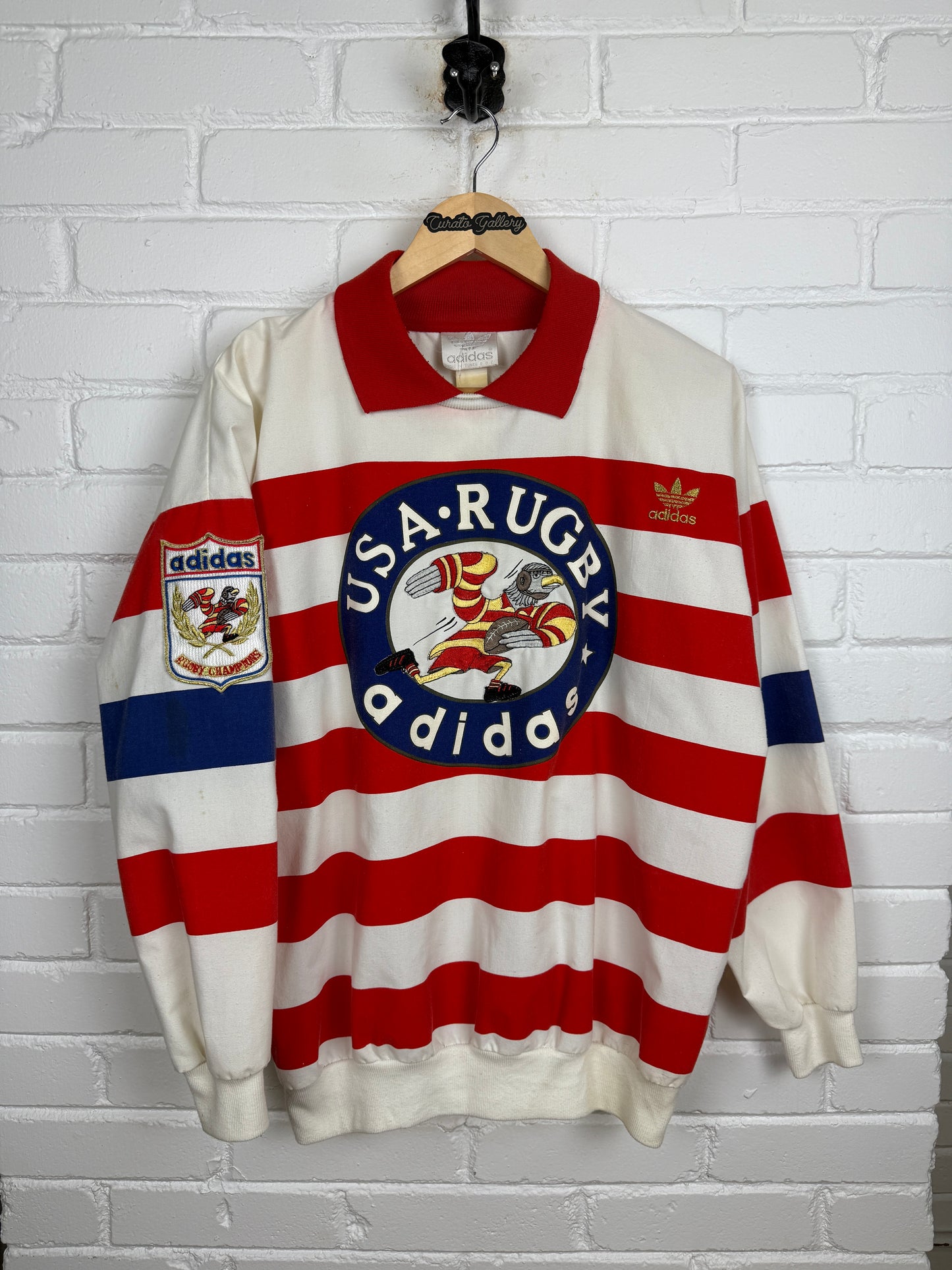 Vintage 80s Adidas USA Rugby Striped Bald Eagle Tre Foil Collared Sweatshirt Size XL