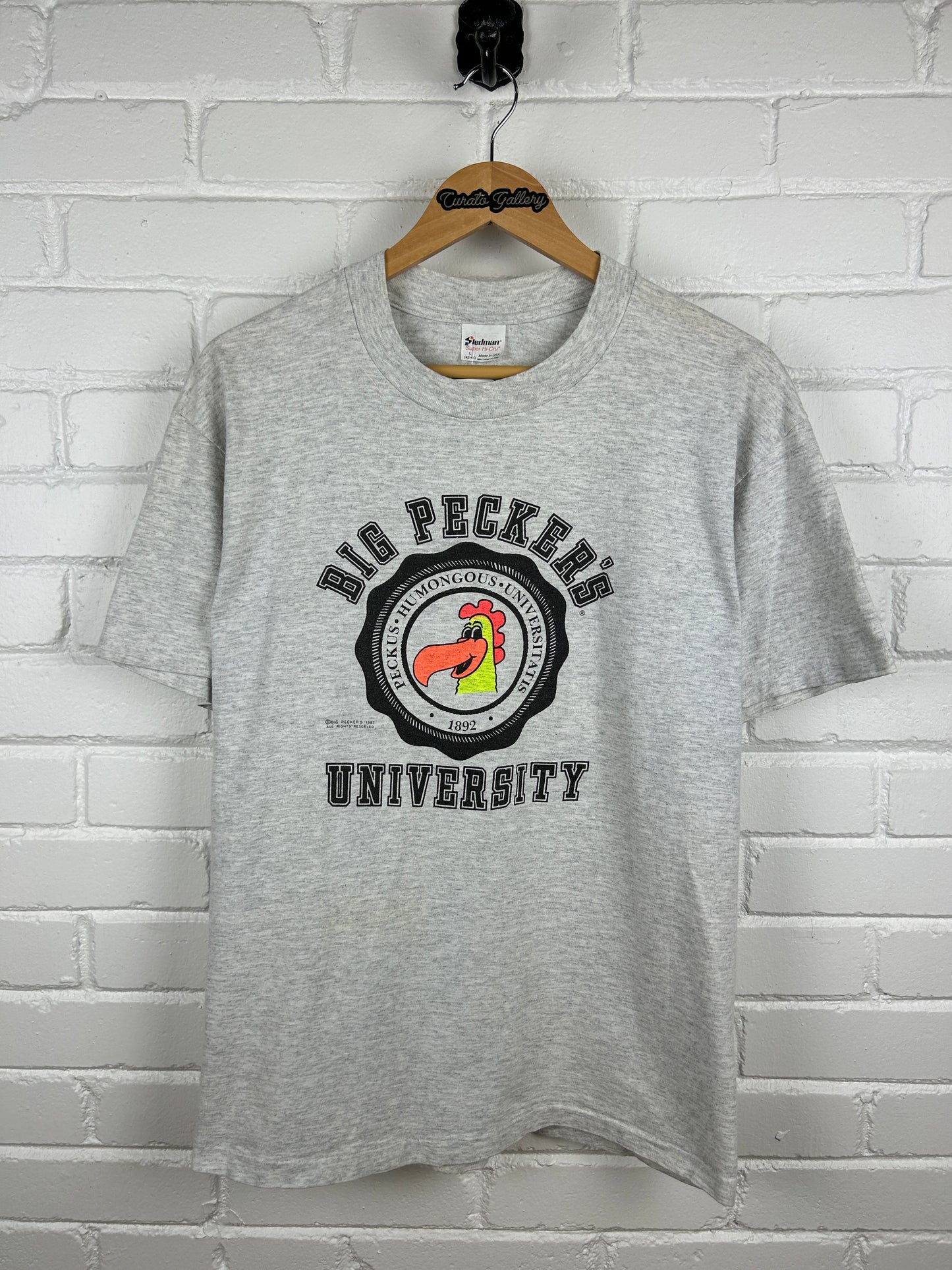 Vintage 1987 Big Peckers University Humungos Crest Parody T Shirt Size L 80s