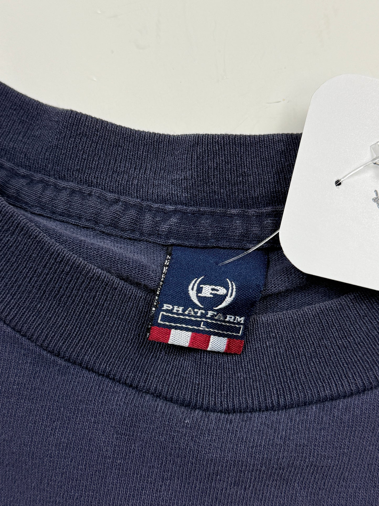 Vintage Y2K Phat Farm Big Logo Flag USA Graphic T Shirt Size L Navy Blue