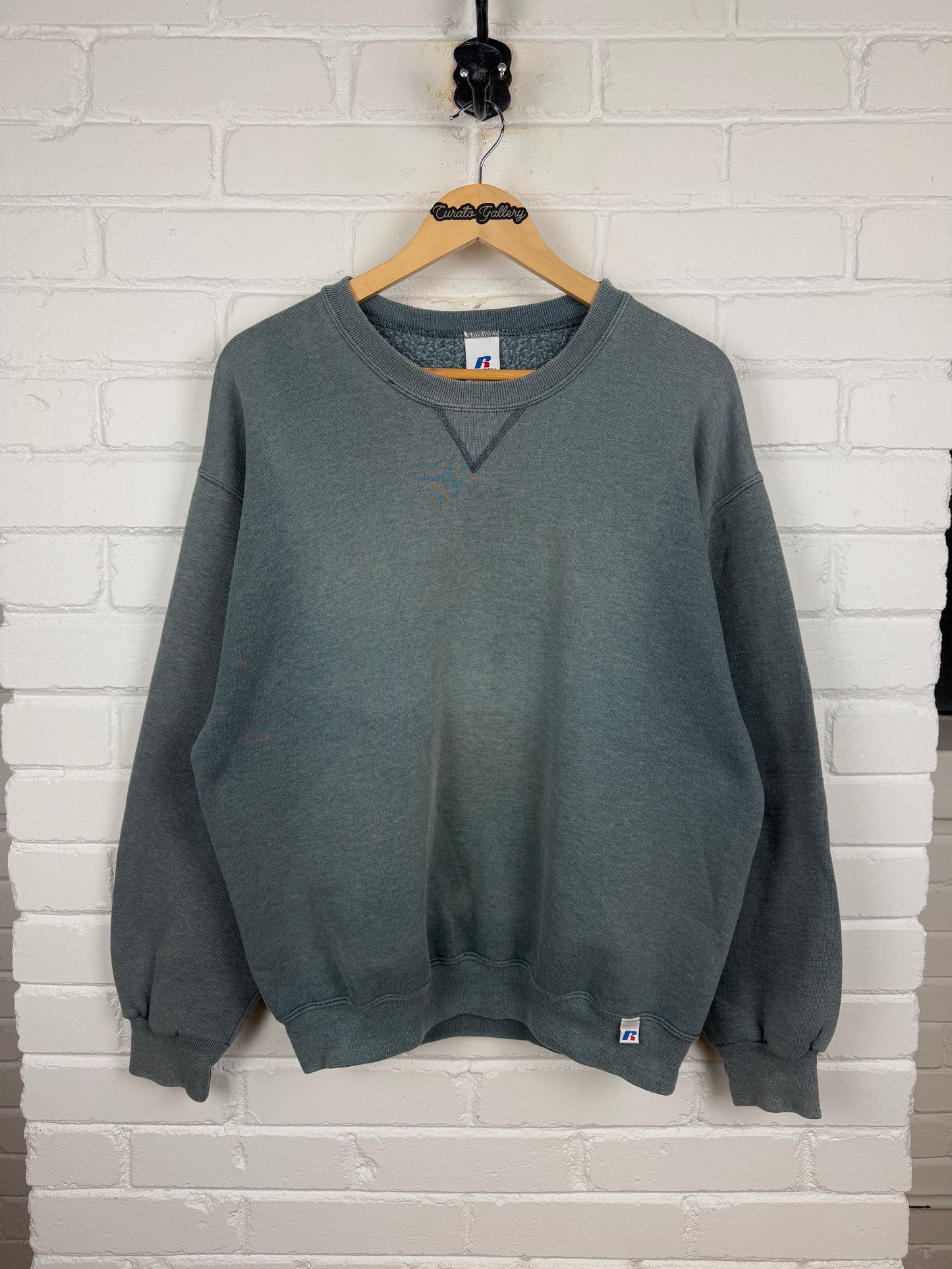 Russell Athletic Cropped Boxy Fit Blank Crewneck Sweatshirt Size L Blue Tone
