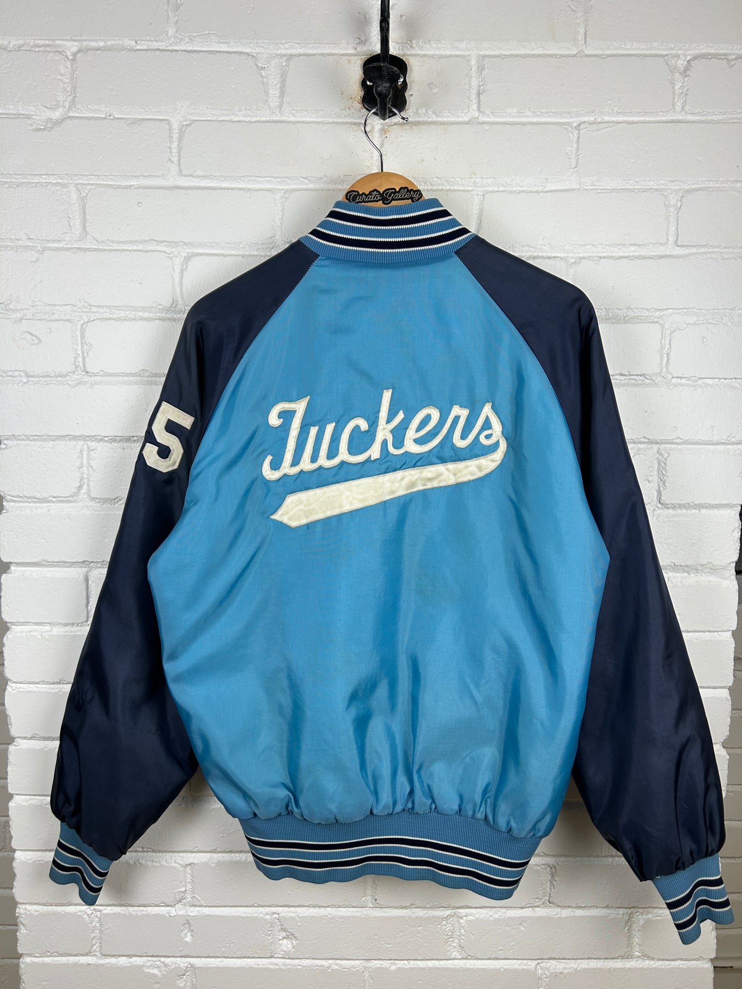 Vintage 1981 Luckers Chain Stitched Two Tone Satin bomber Jacket Size L 80s