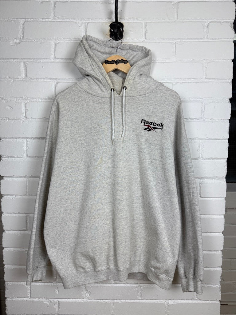 Vintage 90s Reebok Embroidered Spell Out Logo Hooded Sweatshirt Size L Heather Gray