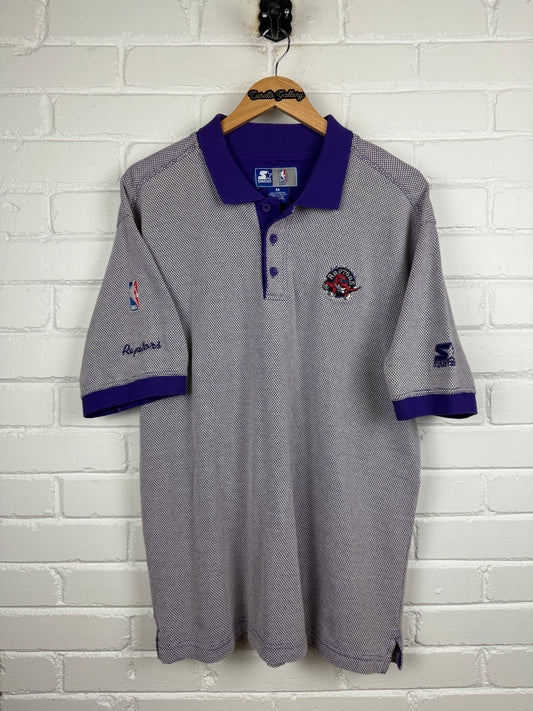Vintage 90s Toronto Raptors Embroidered Script Starter Polo Size L Purple