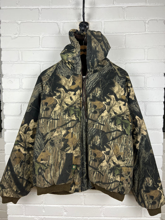 Vintage 90s Mossy Oak Break Up Camo Quilted Lined Insulated Hooded Bomber Jacket Size XL