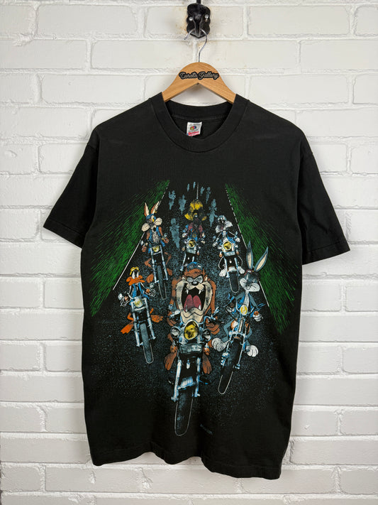 Vintage 1993 Looney Tunes Motorcycle Biker Gang AOP Taz Bugs Cartoon T Shirt Size L 90s