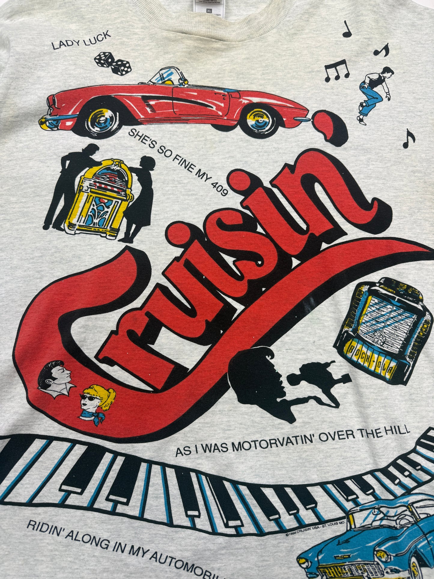Vintage 1996 Cruisin Back To The 50s All Over Print Classic Cars Diner T Shirt Size XL