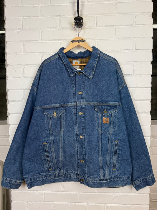 Vintage 90s Carhartt Plaid Blanket Lined Denim Trucker Jacket Size XXL