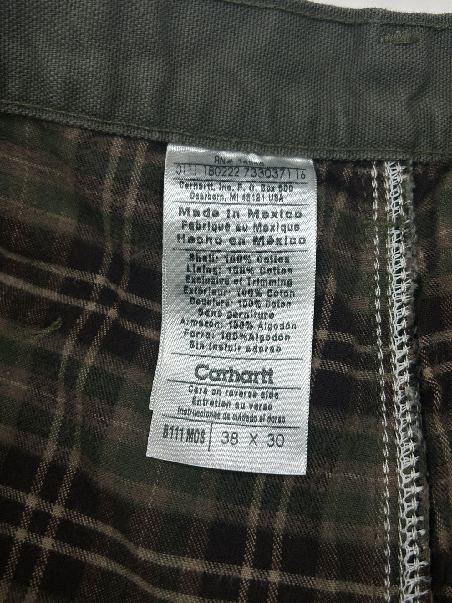Carhartt Canvas Work Wear Carpenter Plaid Lined Pants Size 36W Sage Green
